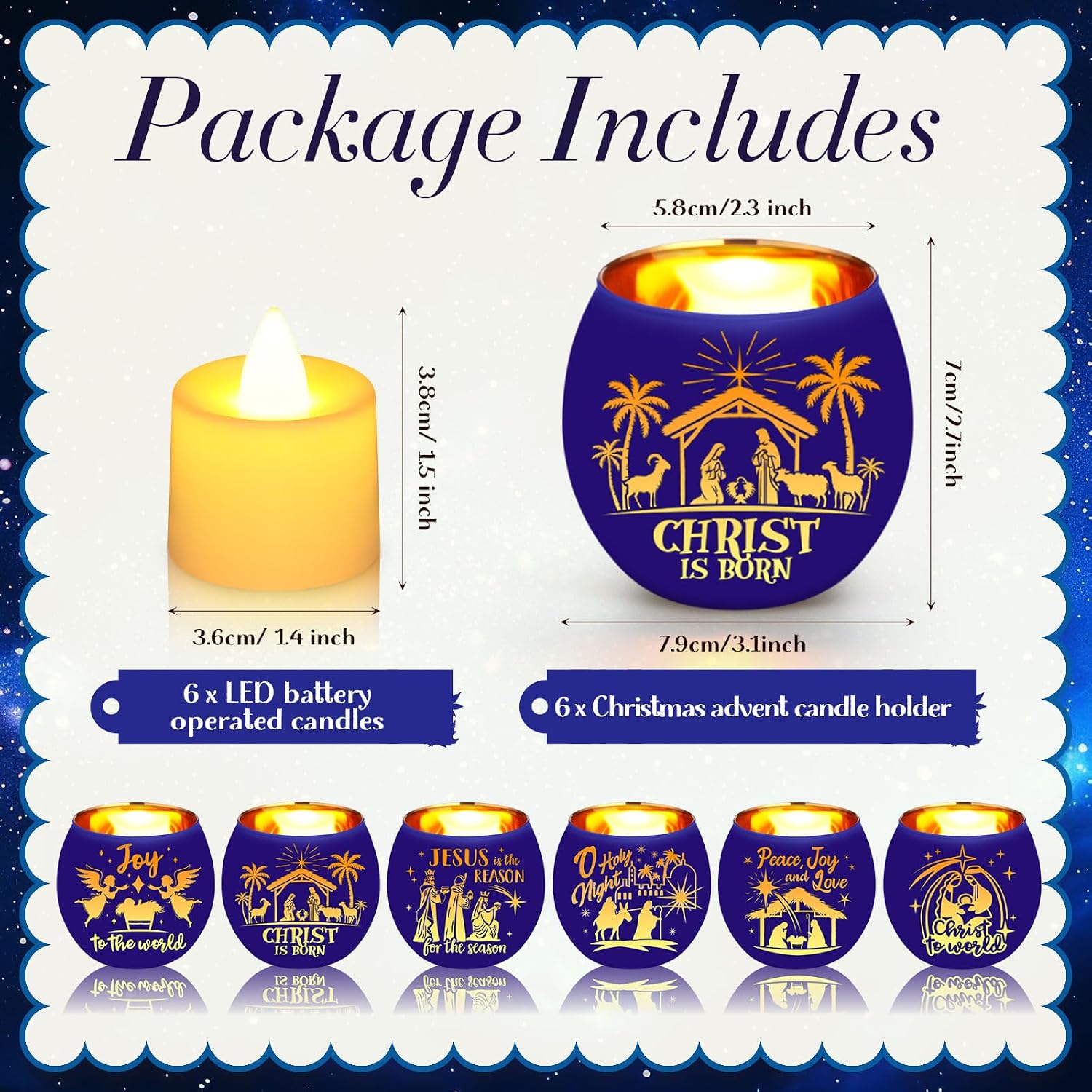 6 Set Christmas Advent Votive Candle Holders LED Flameless