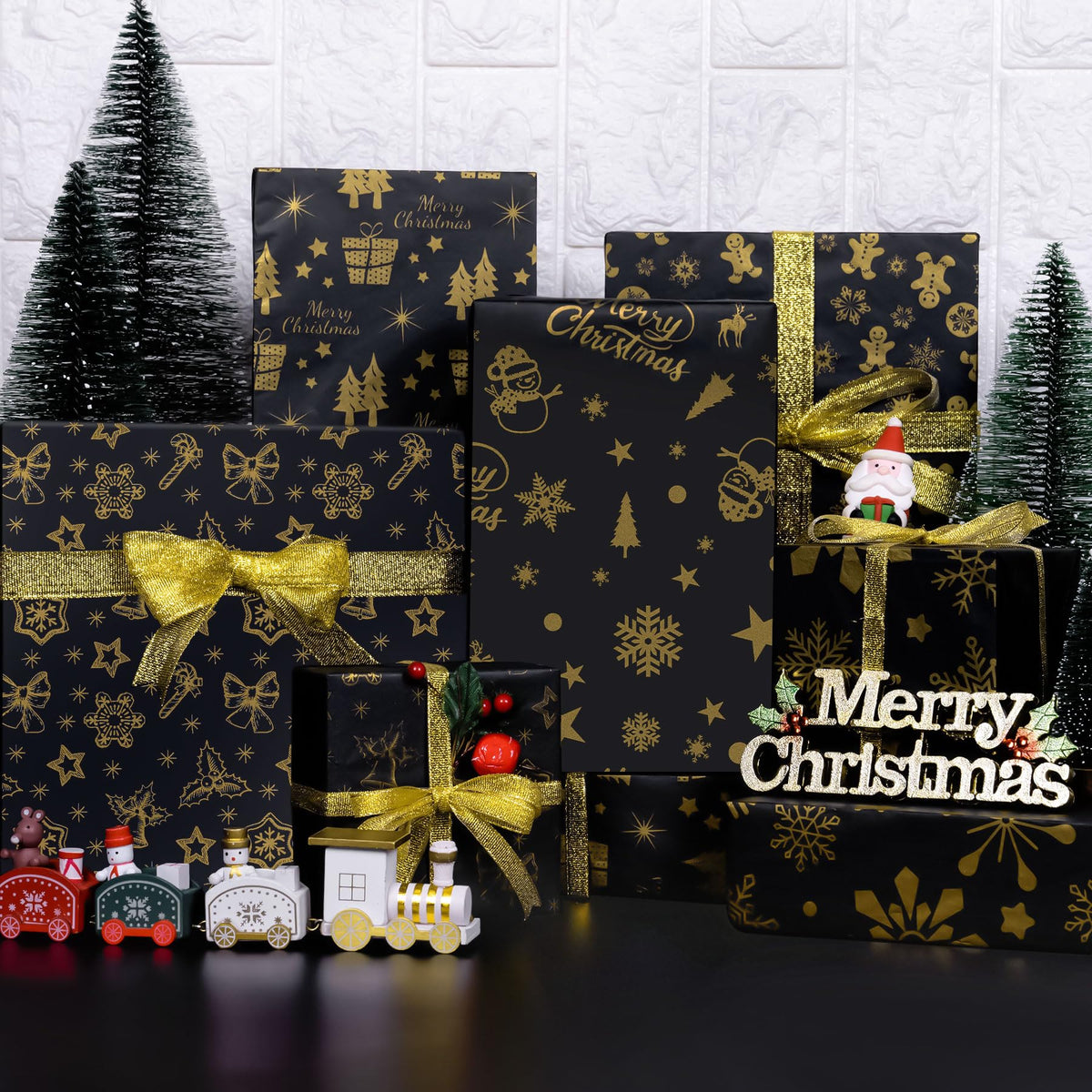 Christmas Tissue Paper, 50 Pcs Metallic Black Gold Tissue Paper for Gift Bags Craft Packaging Cute Gingerbread