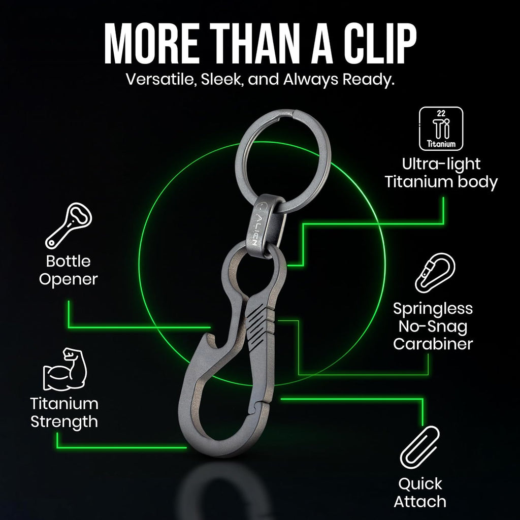 Titanium Carabiner Keychain Hook with Titanium Key Rings - 2 Pack EDC | Strong no-snag single body structure with