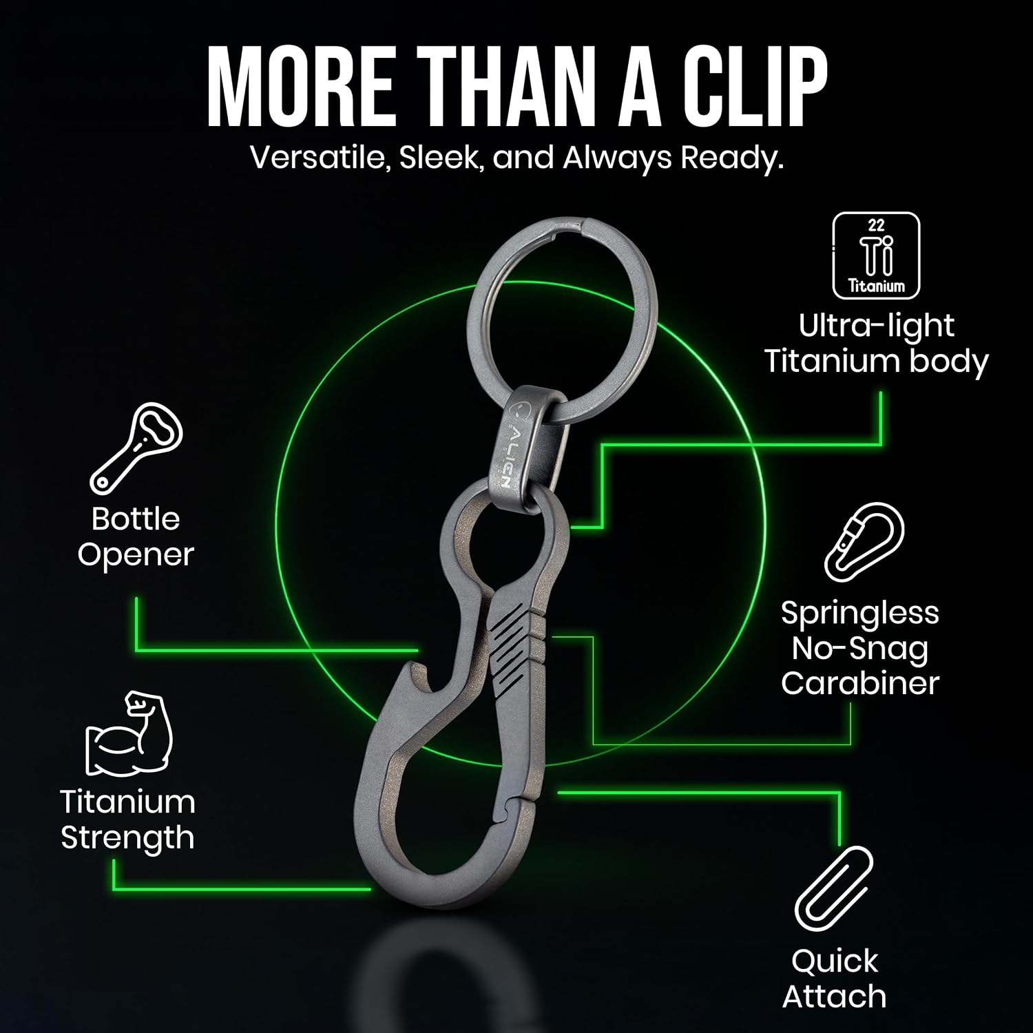 Titanium Carabiner Keychain Hook with Titanium Key Rings - 2 Pack EDC | Strong no-snag single body structure with