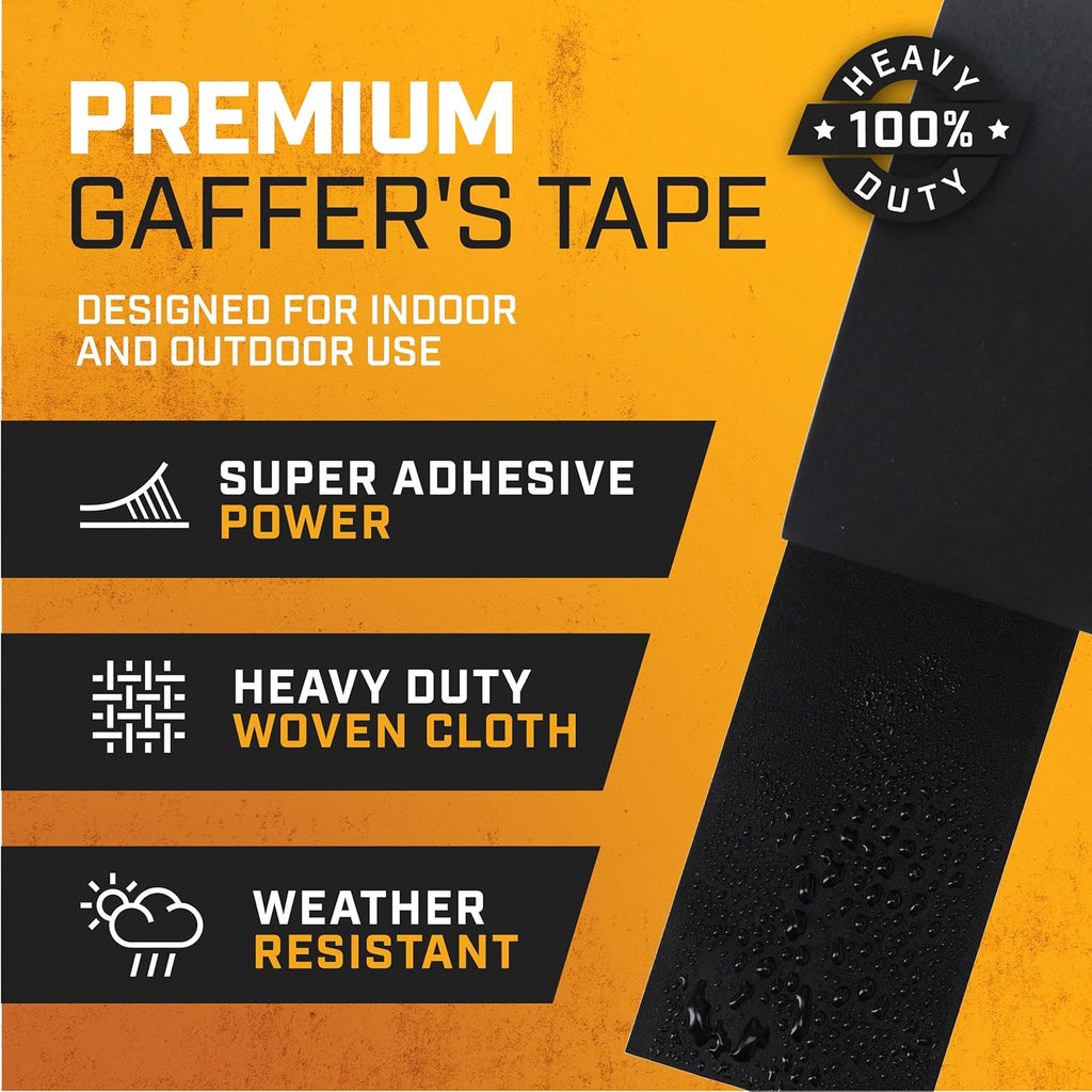 Black Gaffers Tape 3 inch x 30 Yards - 2 Pack Pro Grade Matte Gaff Tape