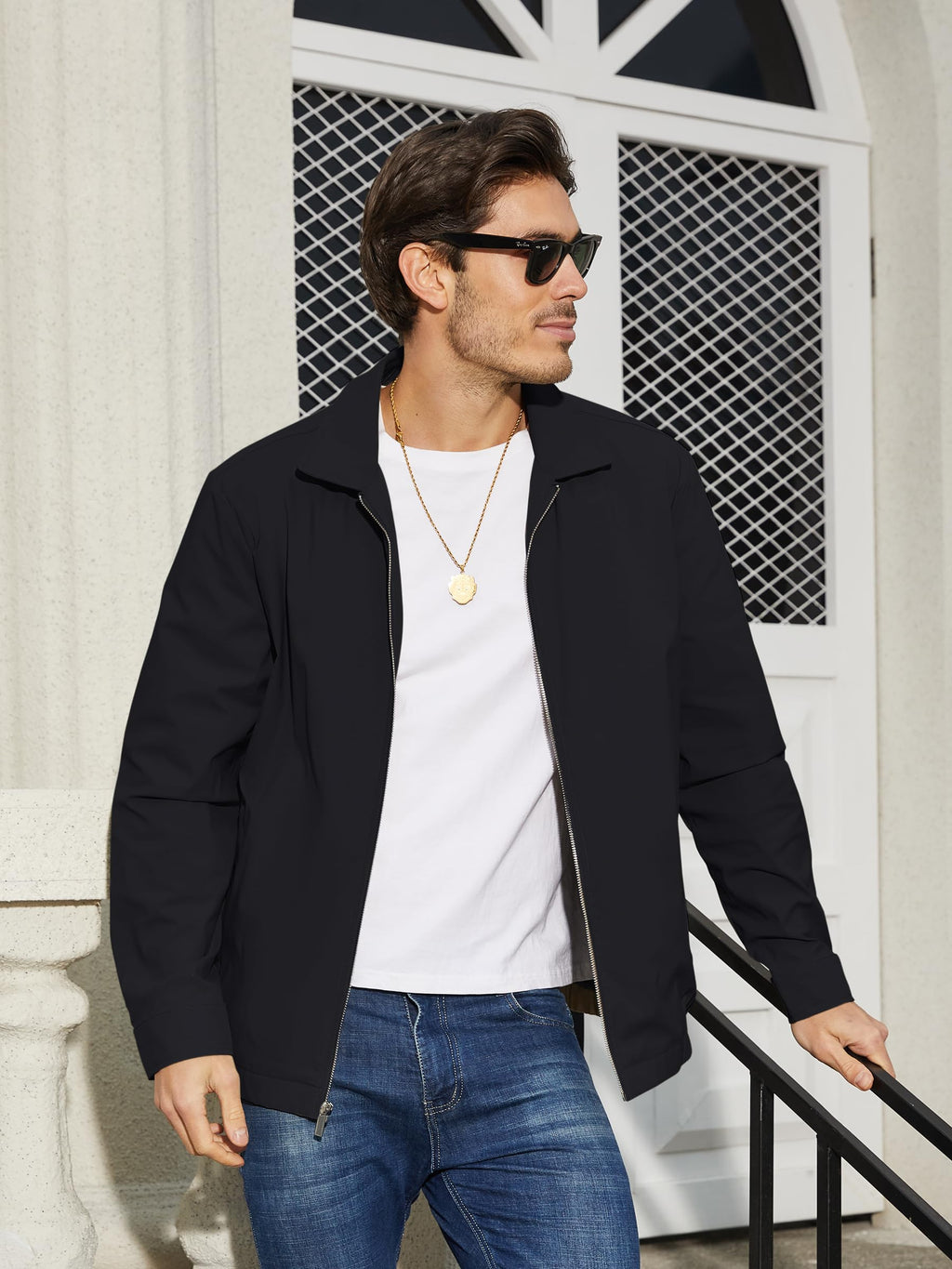 Men's Black Jacket Full Zip Windbreaker for Golf Business Work