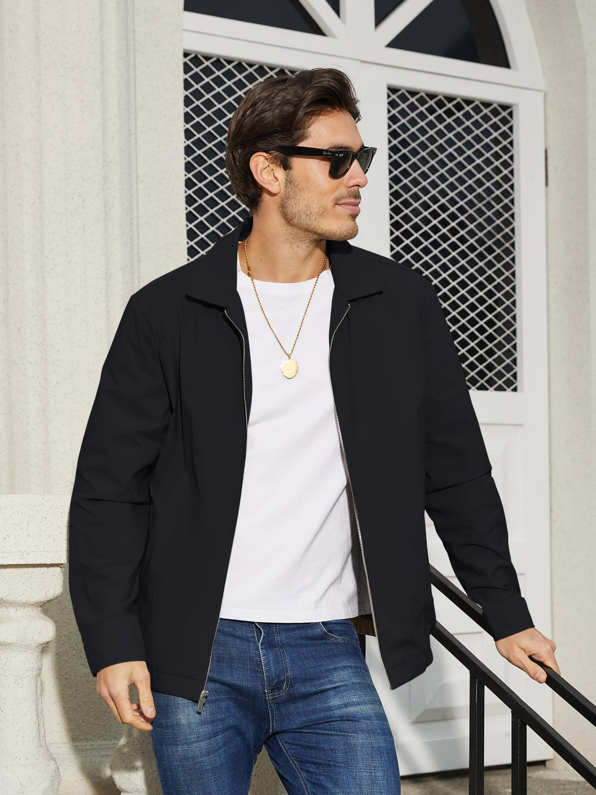Men's Black Jacket Full Zip Windbreaker for Golf Business Work