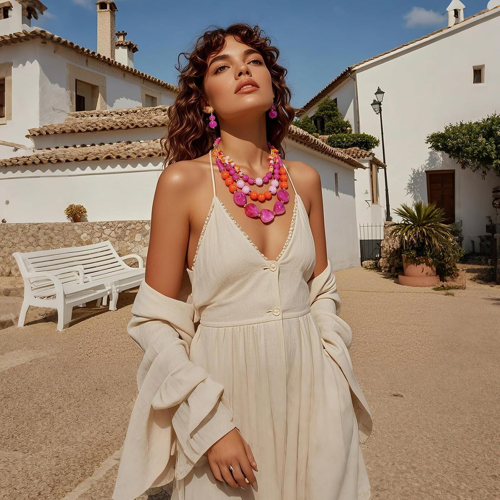 3 Layer Statement Chunky Beaded Necklace Fashion Costume Jewelry Set for Women Gifts (NK-10788)