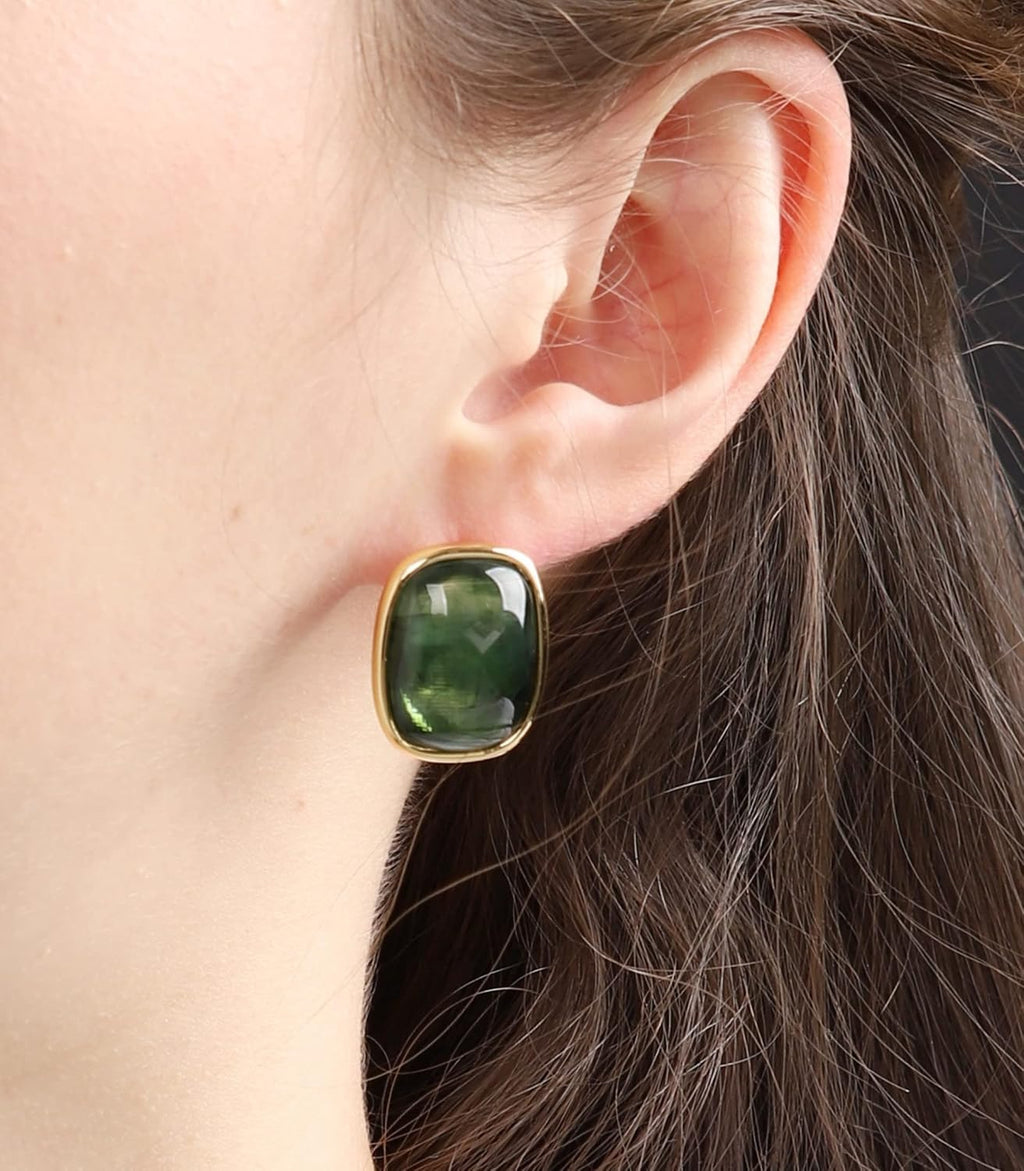 Round Edges Rectangle Shape Studs Earring. Abalone Amber Turquoise Resin Stone Design, 18k Real Gold Plated Bezel