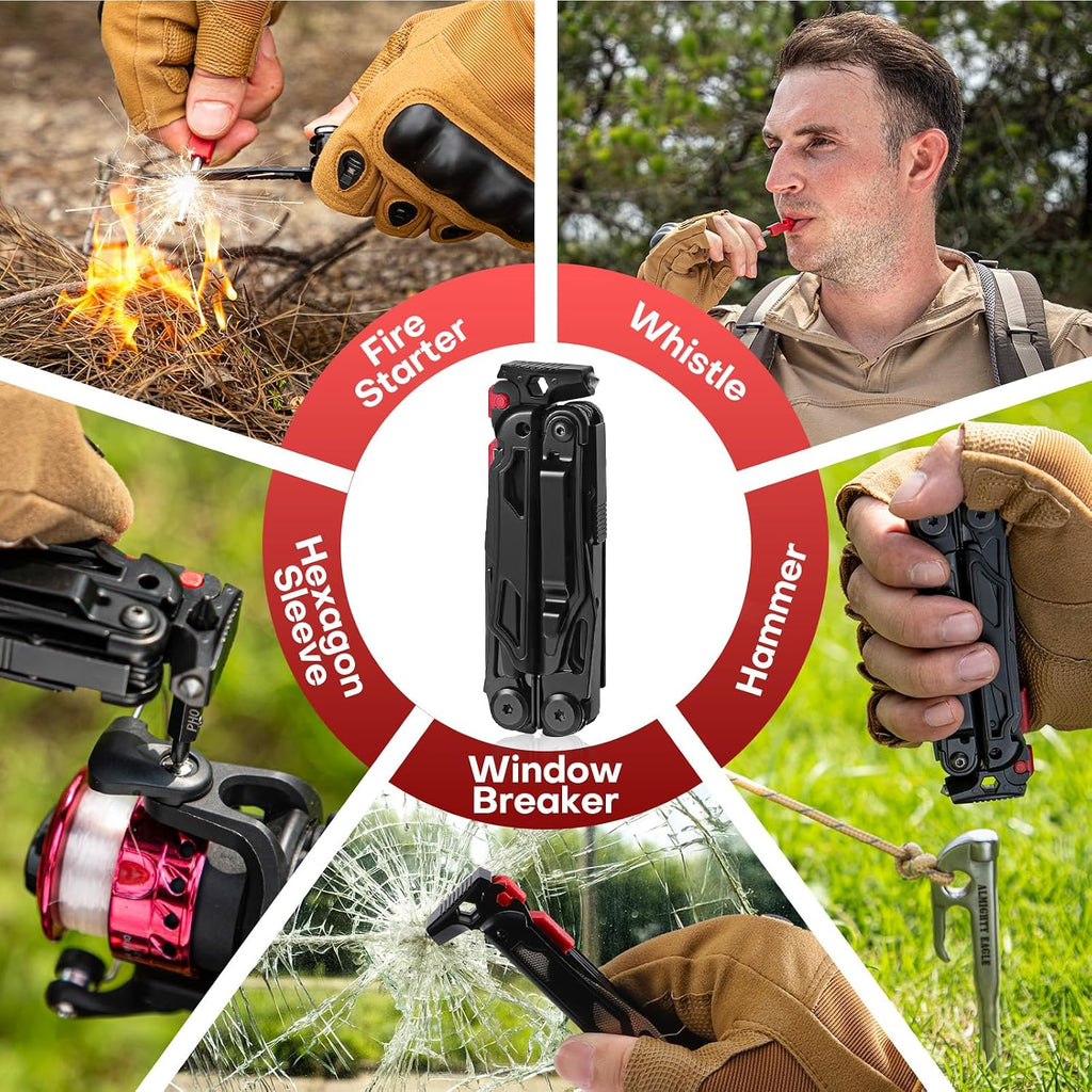 Multitool with Pocket Knife, Stainless Steel Needle Nose Pliers | 27-in-1 Multi Tool with Screwdrivers, Self-locking