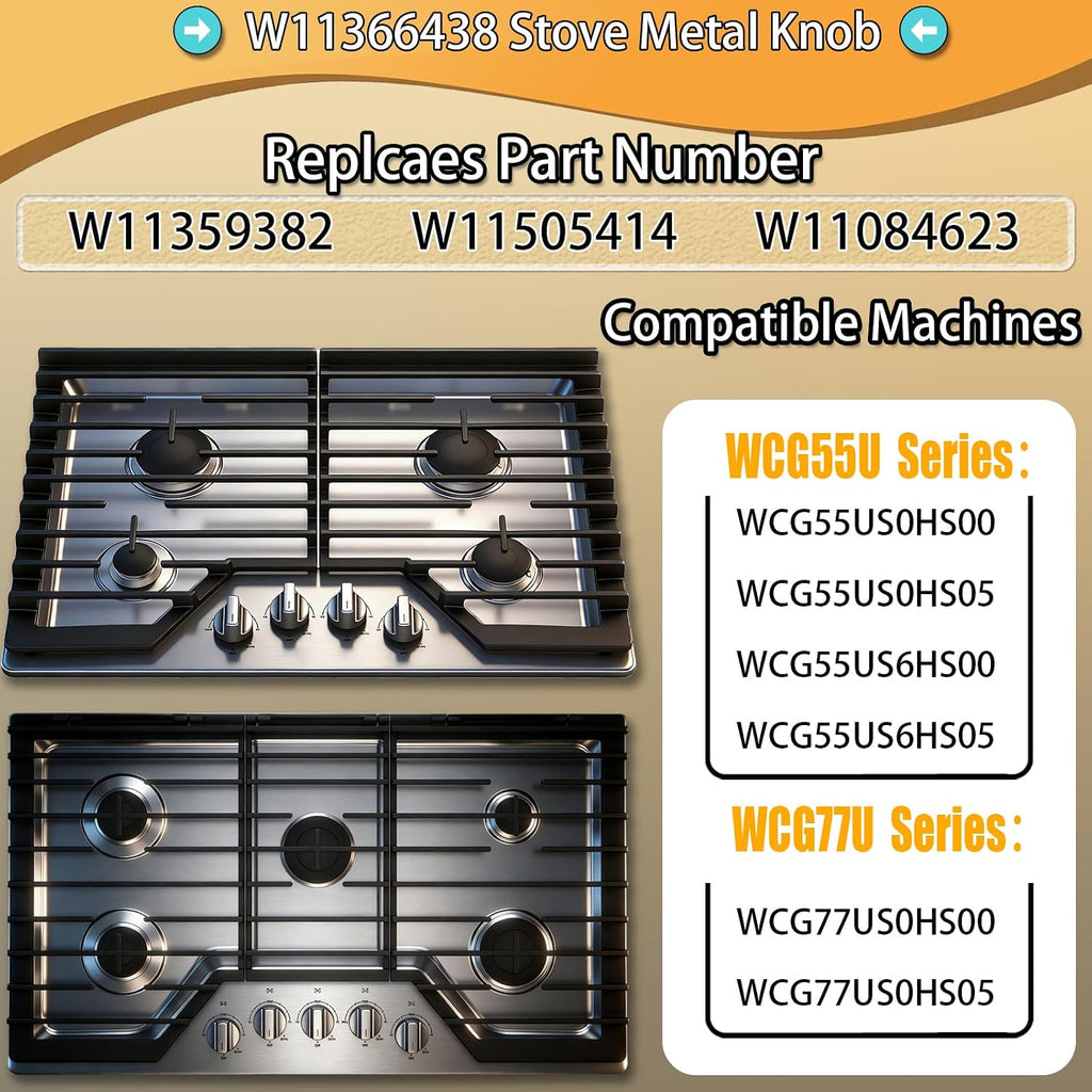 Upgraded Metal W11366438 for Whirlpool Stove Knobs Replacements,Stainless Steel Brushed,Compatible with Gas Cooktop