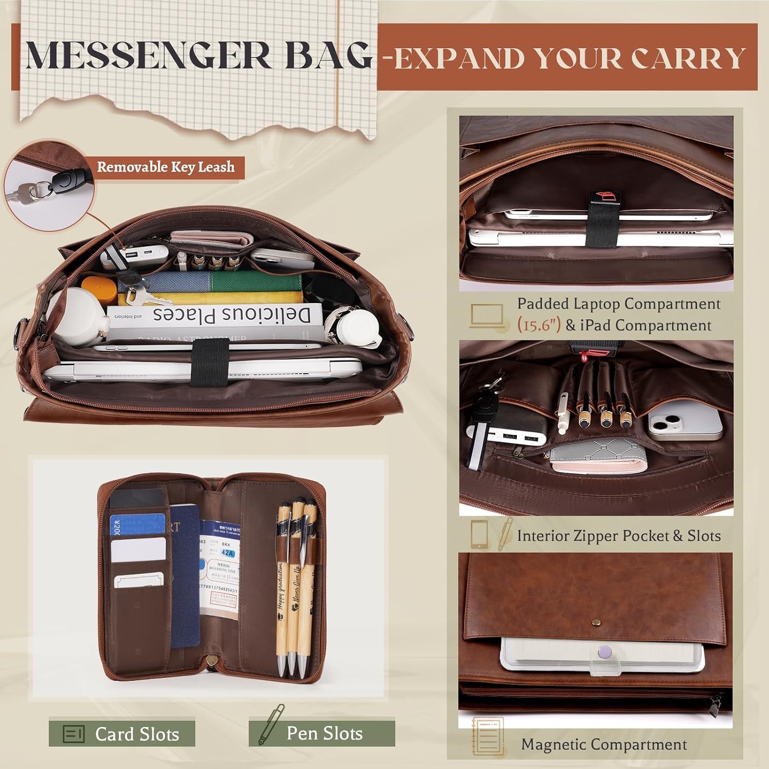 Flap Messenger Bag for Men Vintage PU Leather Laptop Bag 15.6 Inch Retro Briefcase with Wallet Satchel Computer Bag