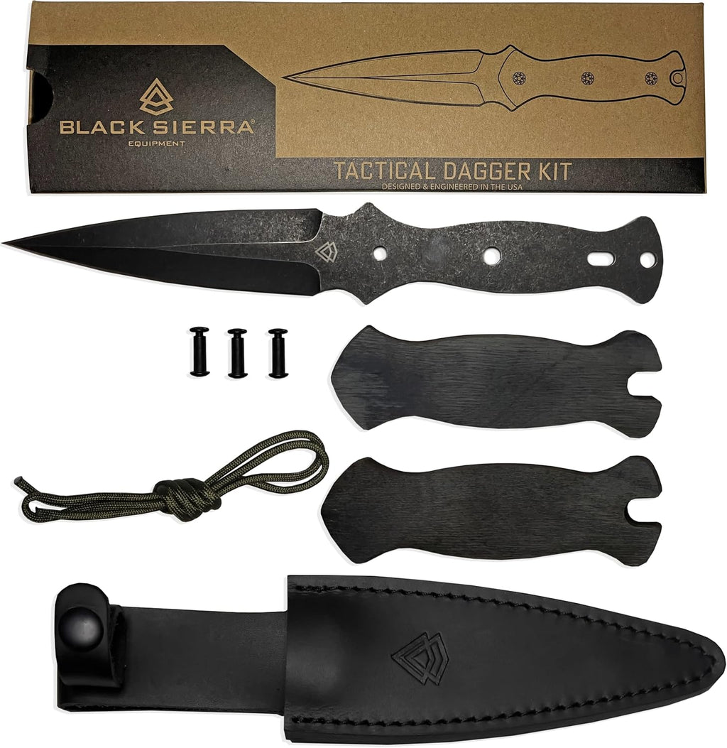 Black Sierra DIY Tactical Dual Edge Knife Making Kit, Build Your Own Fixed Stainless Steel Blade with Leather Sheath
