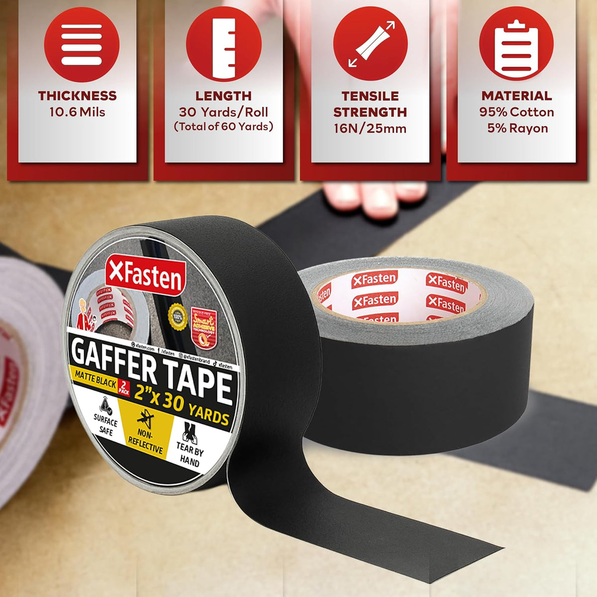 Black Gaffers Tape 2 Inch x 30 Yards, Residue-Free Strong Adhesion (2-Pack 180-feet Total) Matte Black Non-Reflective