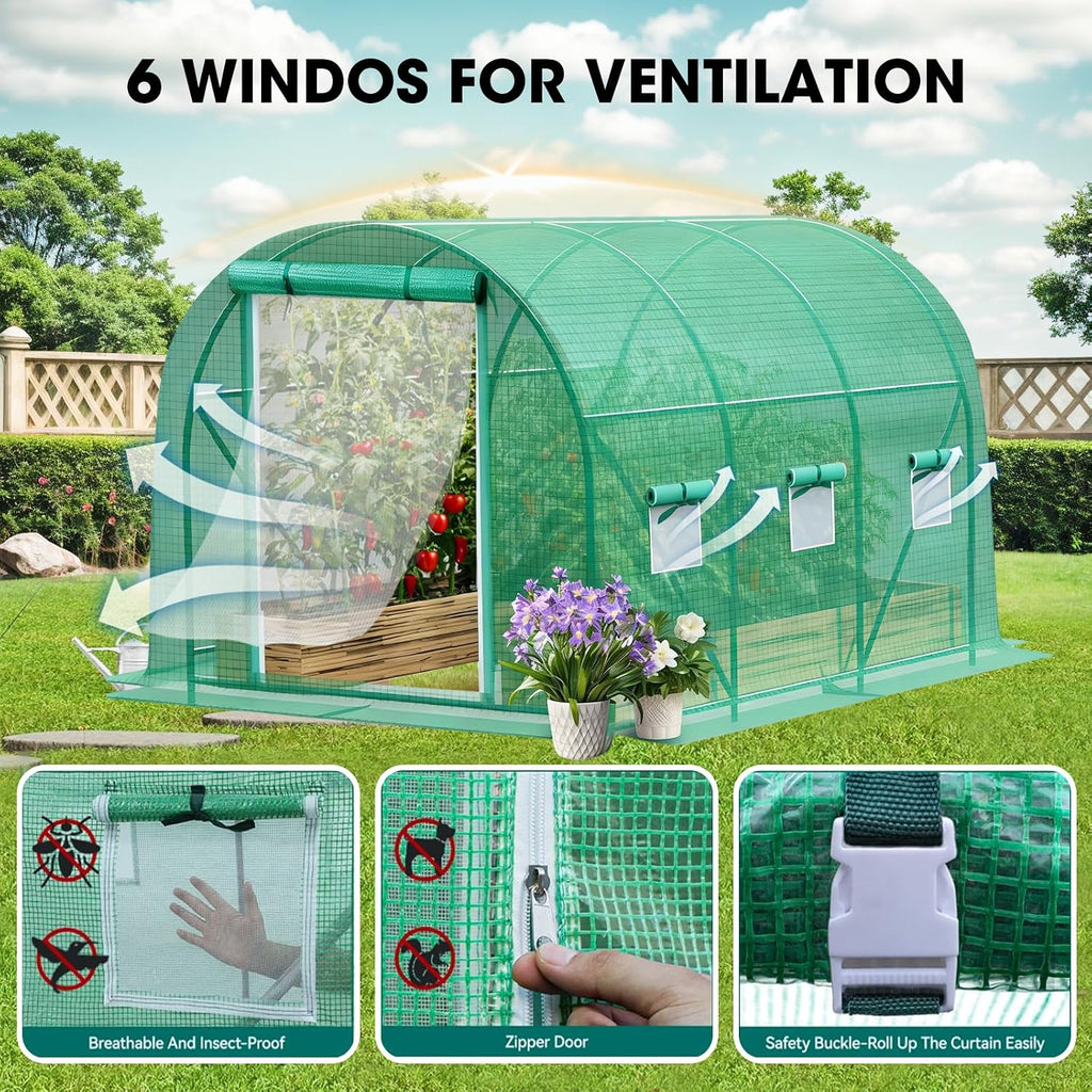 Walk-in Greenhouse Upgraded Green House with Zippered Screen Doors & 6 Screen Windows Heavy Duty Plastic Plant Warm