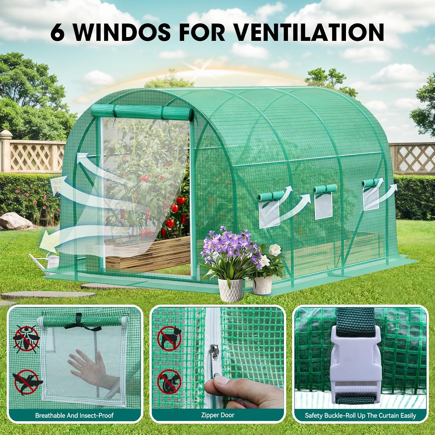 Walk-in Greenhouse Upgraded Green House with Zippered Screen Doors & 6 Screen Windows Heavy Duty Plastic Plant Warm