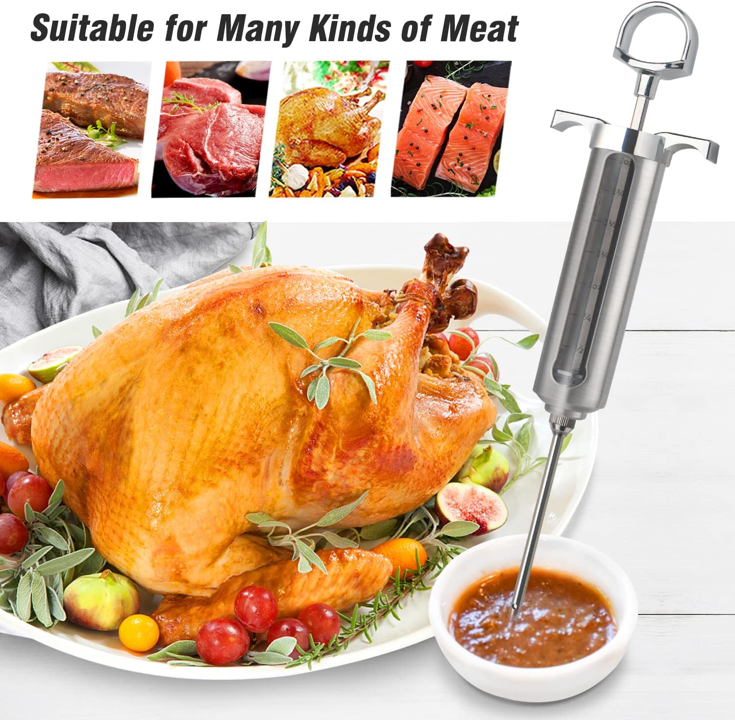 Meat Injector Kit for Smoker with 3 Marinade Flavor BBQ Injector Syringe Needles, Injector Marinades for Meats