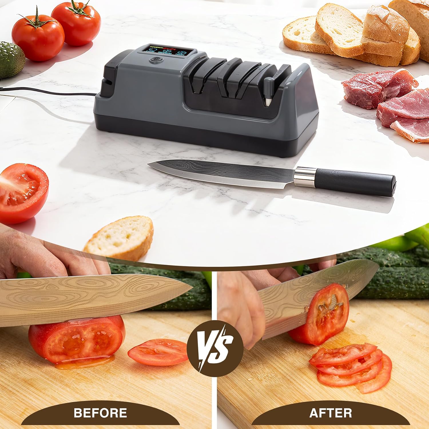 Electric Knife Sharpener for Kitchen, 3-Stage 100% Diamond Abrasive, LCD Screen, 3-speed adjustable, Precision Angle
