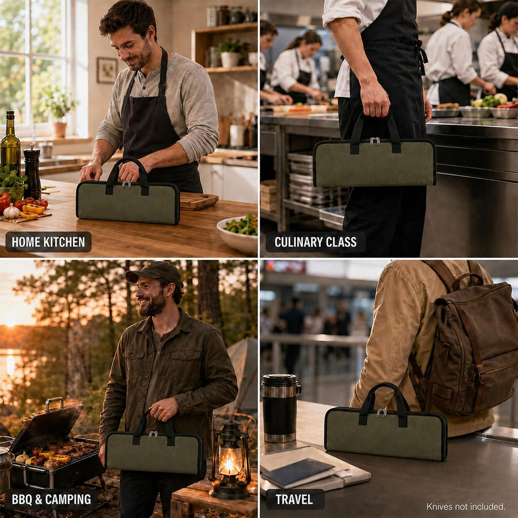 4 Slots Chefs Knife Roll Bag Cutlery Storage Case Men Army Green | Heavy duty waxed canvas pouches.Portable handles
