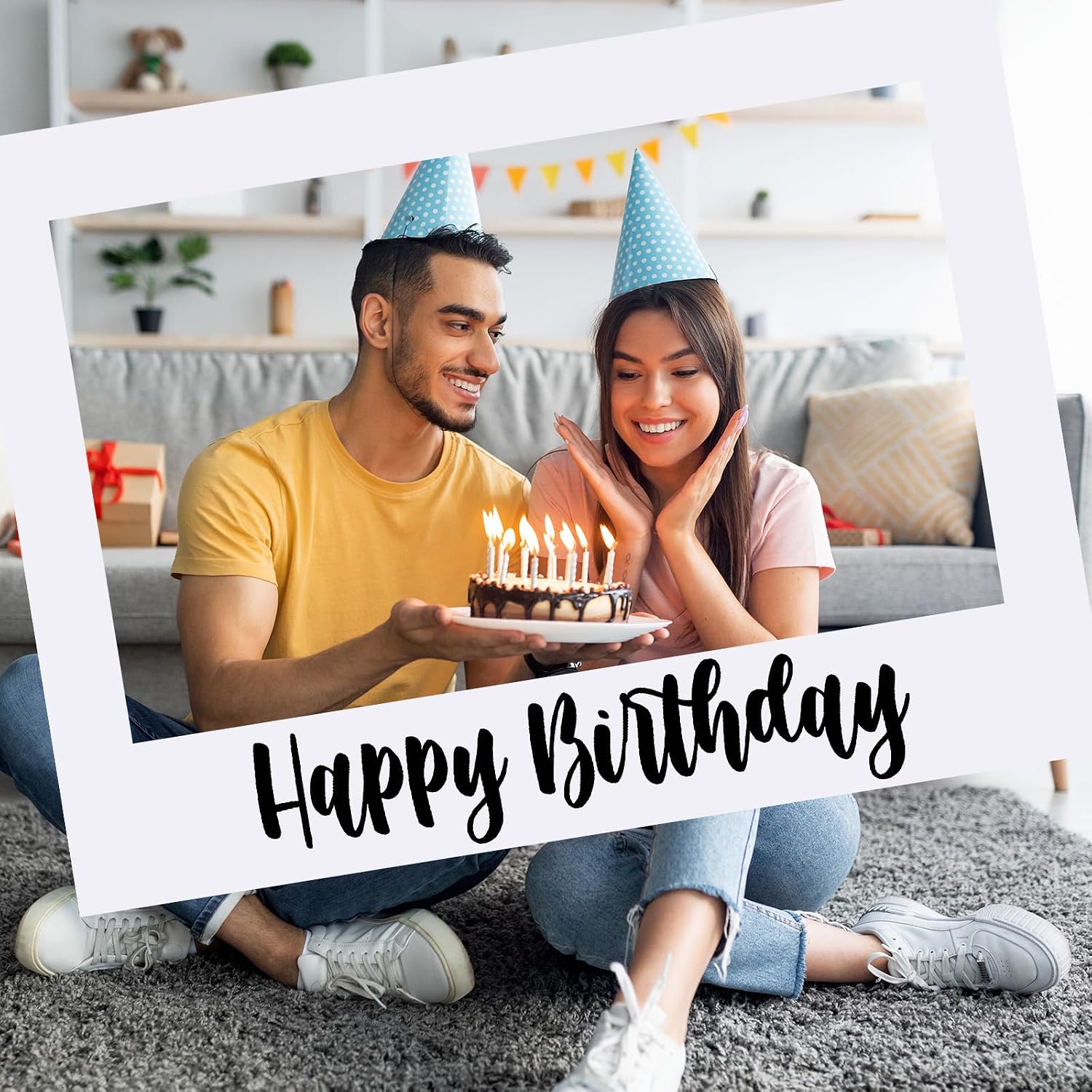 32 x 24 in Extra Large Happy Birthday Photo Booth Frame Props,White