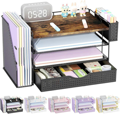 Wood Desk Organizers and Accessories with File Sorters, 4-Tier Desk Accessories & Workspace Organizers with Drawer