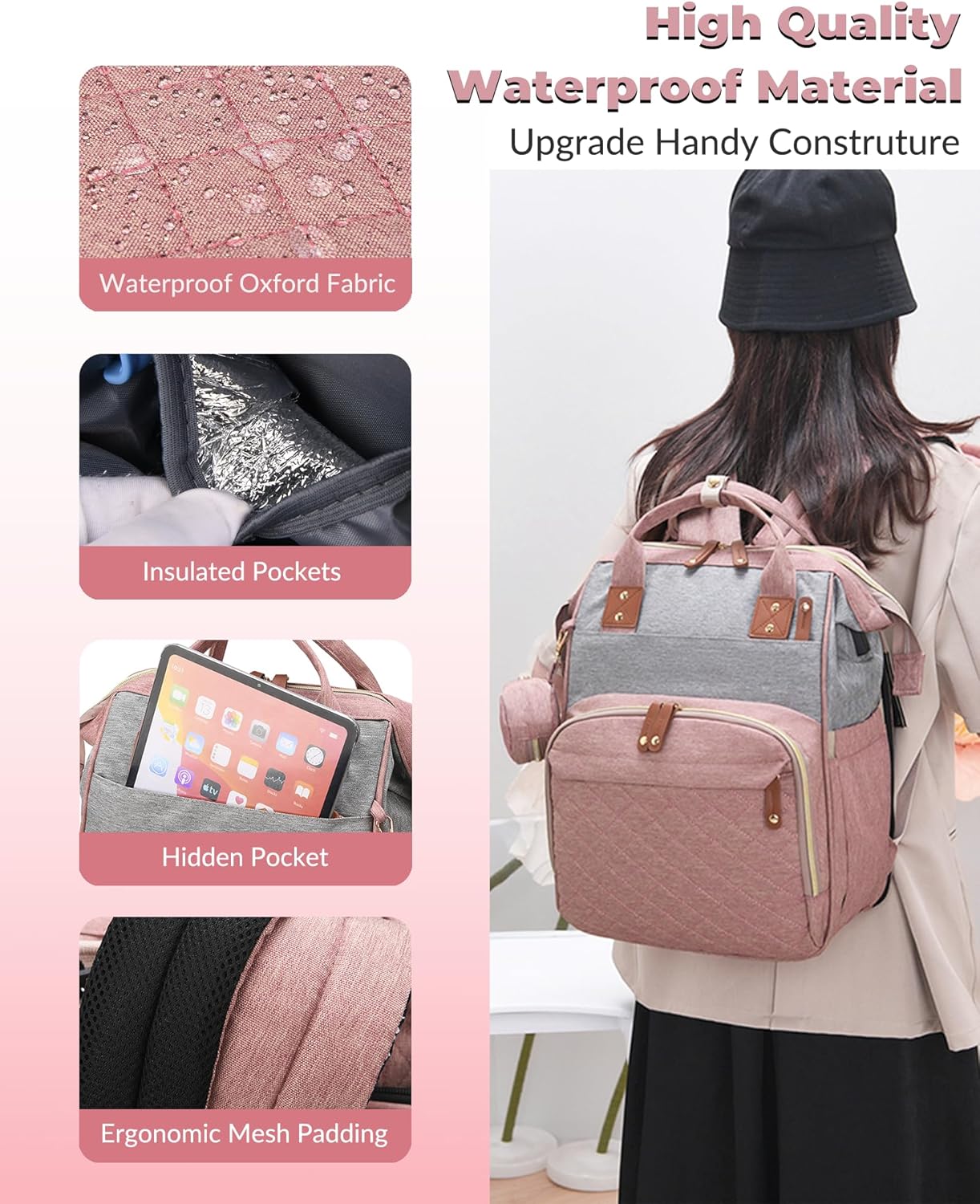 Diaper Bag Backpack with Changing Station, Waterproof Large Capacity, Baby Bag for Mom & Dad, 18 Pockets+USB Port