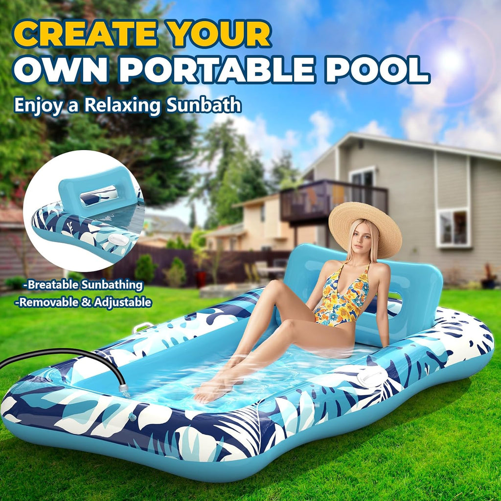 Pool Floats Adult,76"x48" XL Inflatable Tanning Pool Lounger Float with Pillow,4 in 1 Suntan Tub Sunbathing Raft