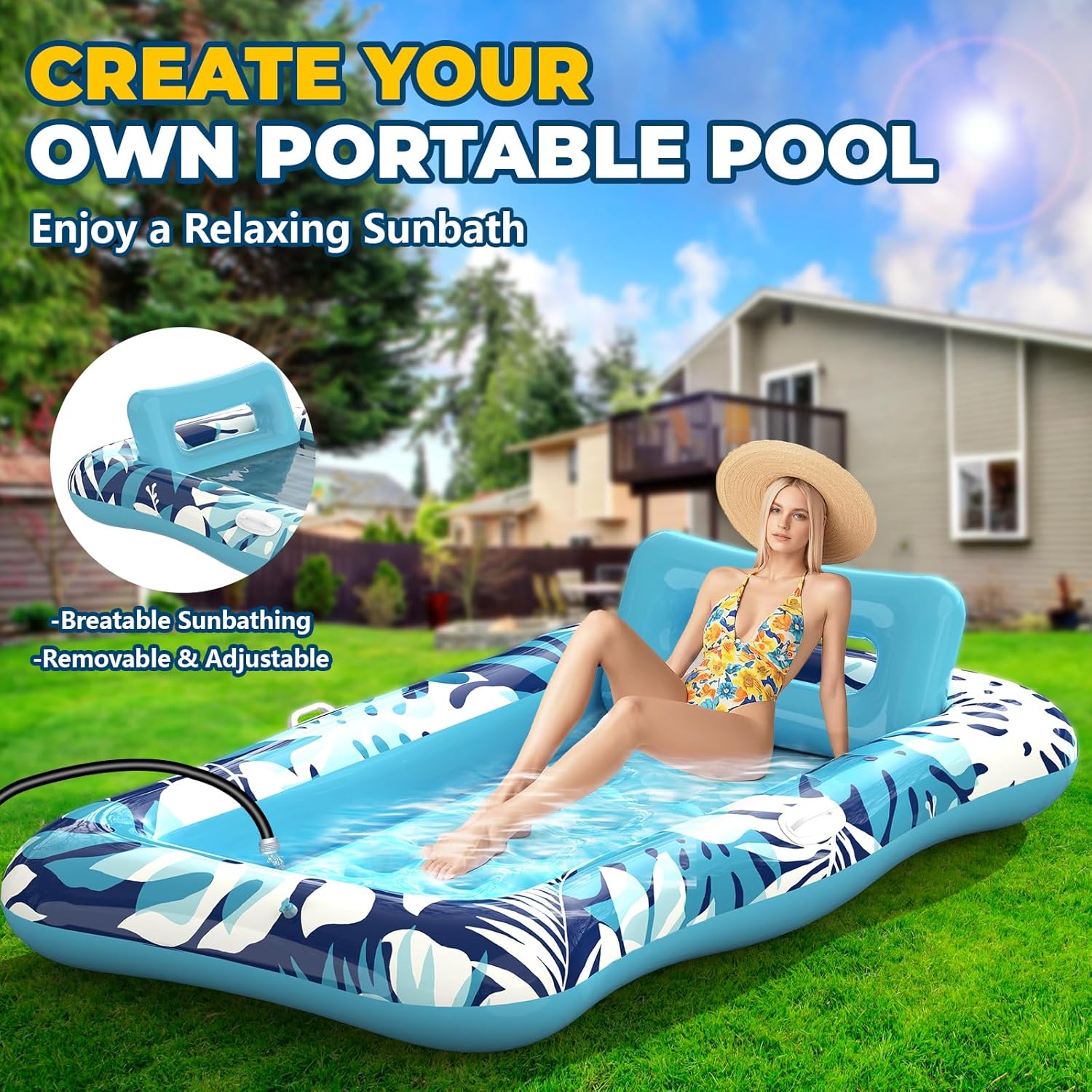 Pool Floats Adult,76"x48" XL Inflatable Tanning Pool Lounger Float with Pillow,4 in 1 Suntan Tub Sunbathing Raft