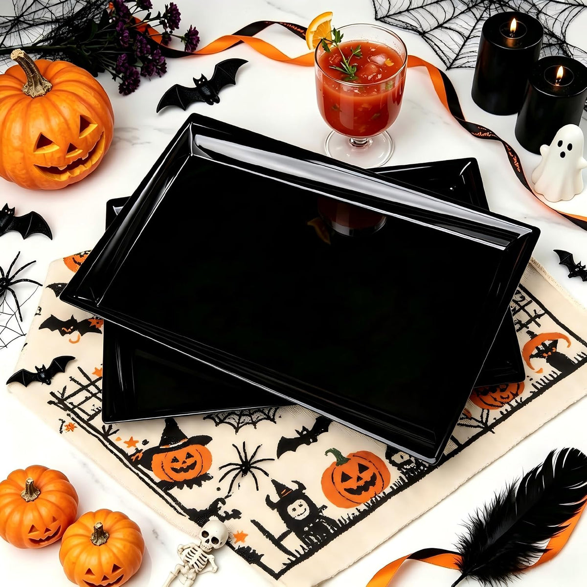 12 Pack Black Plastic Serving Trays and Platters (15 x 10 Inches)