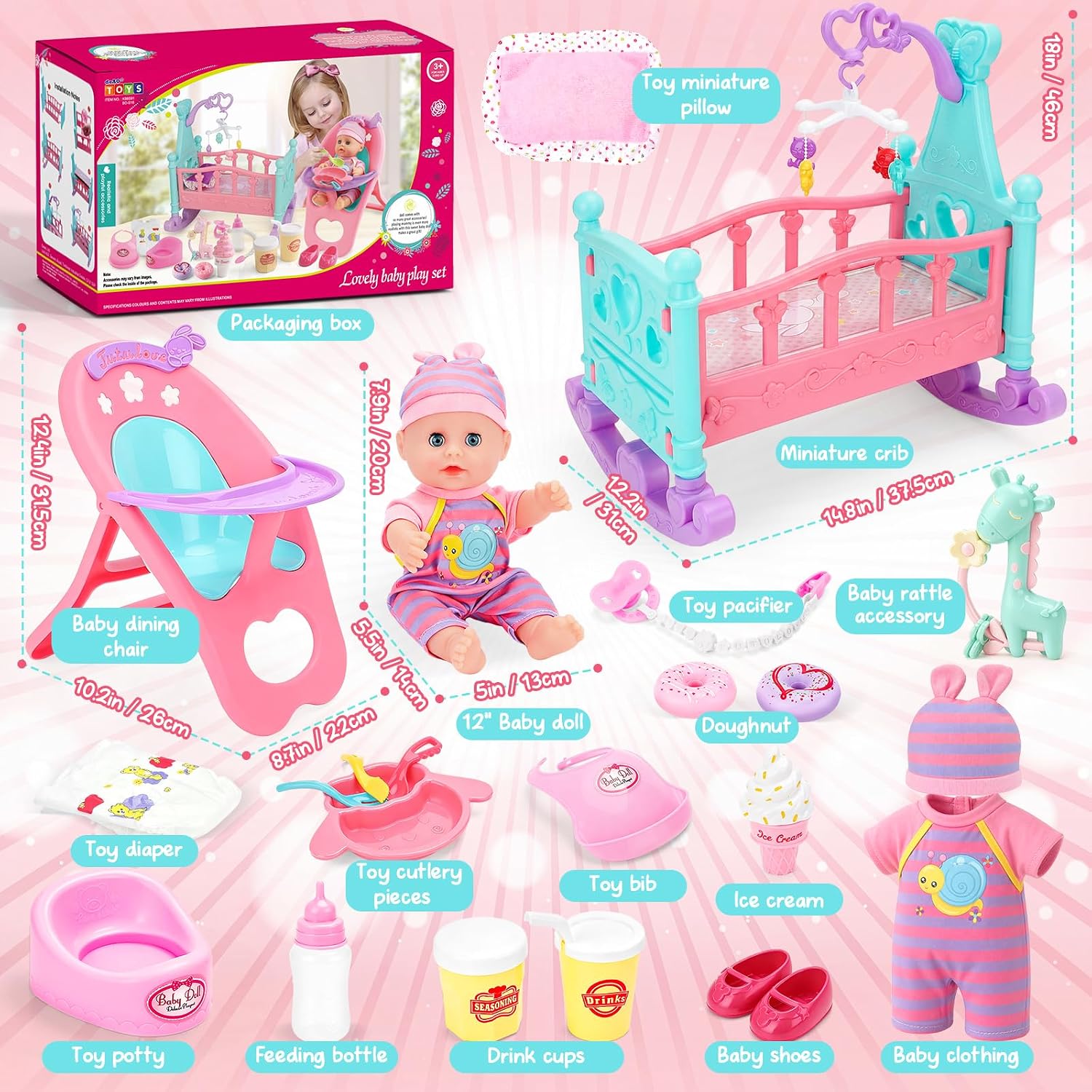 12” Baby Doll Play Set with Crib, Mobile, High Chair Feeding Accessories, Interactive Dolls for Girls Kids Pretend