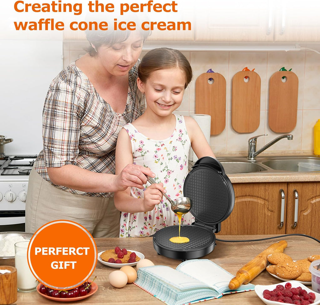 Waffle Cone Maker, 750W Thin Waffle Maker (Ice Cream Cone) with Shaper Roller, 7.08" Nonstick Plate