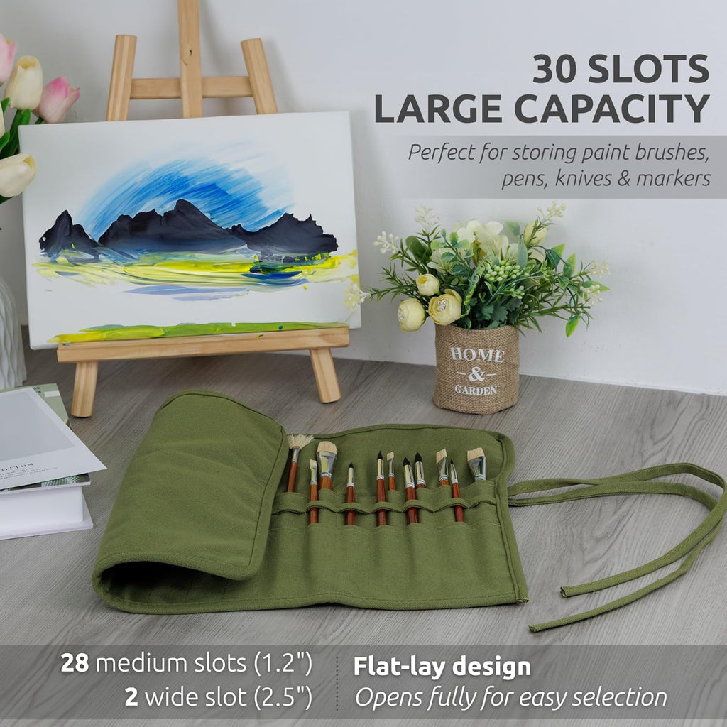 30-Slot Roll-Up Paint Brush Holder, Premium Canvas Brush Organizer for Artists, Washable Travel Brush Case for