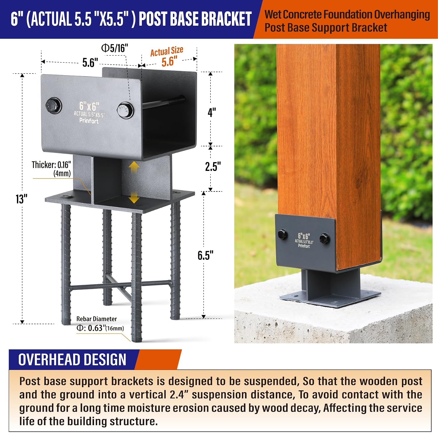 Stainless Steel 6"x6"(Actual 5.5"x5.5") Post Base Bracket Concrete, Wet Set Concrete Post Anchor Bracket Heavy Duty
