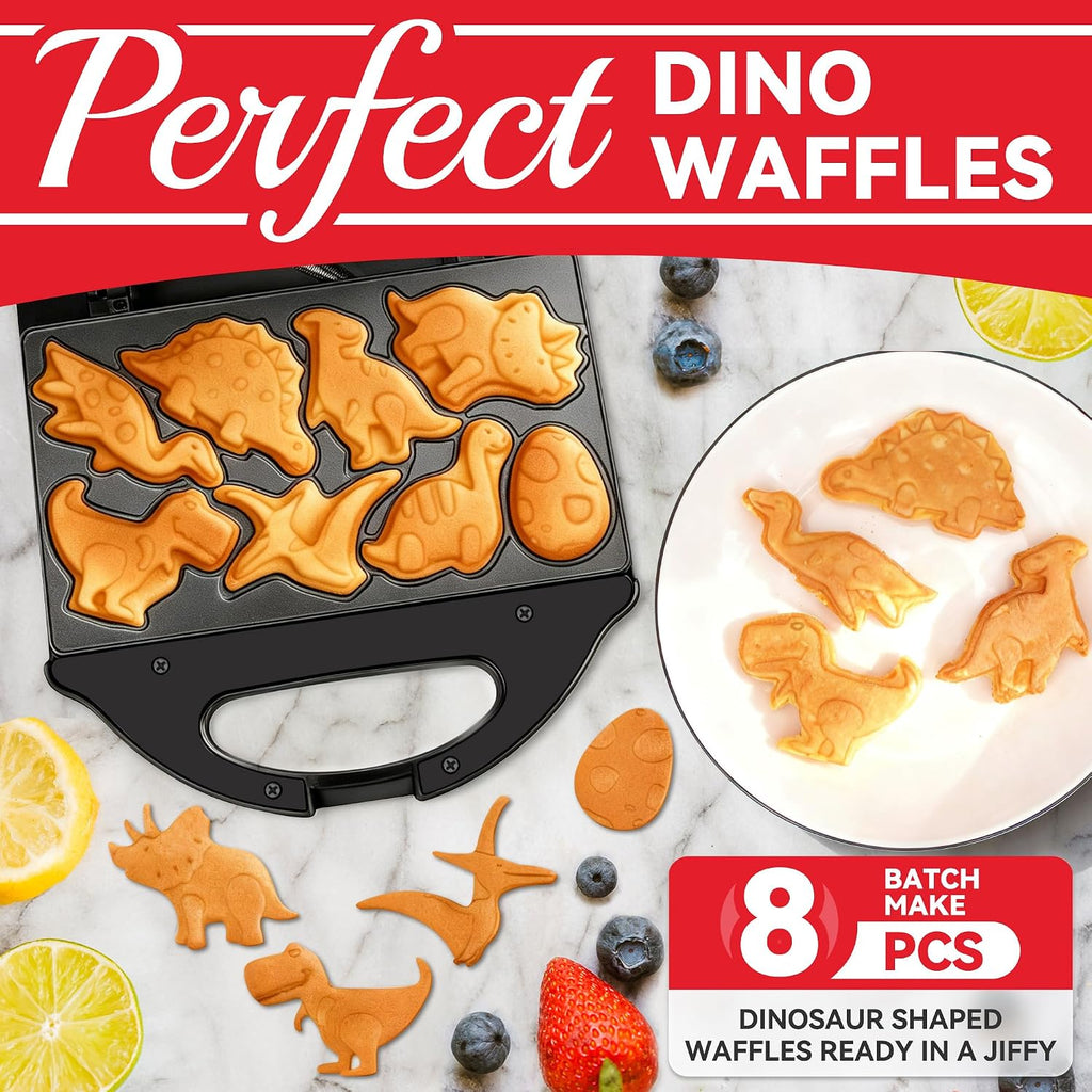 Dinosaur Mini Waffle Maker for Kids, Mini Pancake Maker Machine for Halloween, 8 Different Shaped Dinos in Minutes