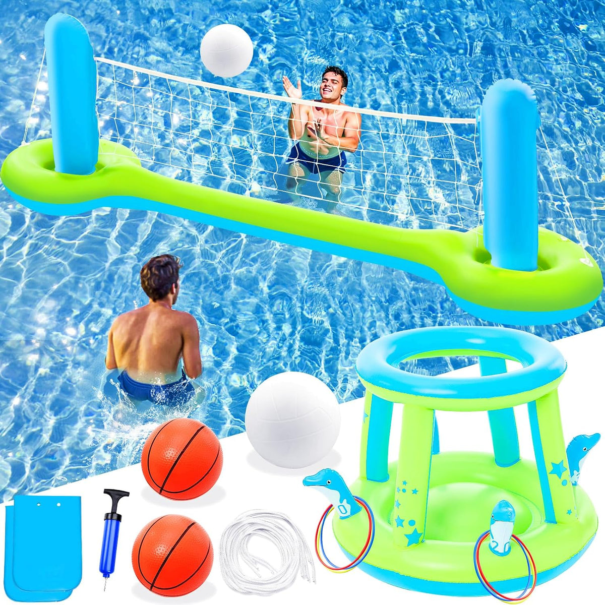 Pool Toys Games Set - 3 in 1 Pool Volleyball Net Basketball Hoop Ring Toss Game Inflatable Floats Water Floating