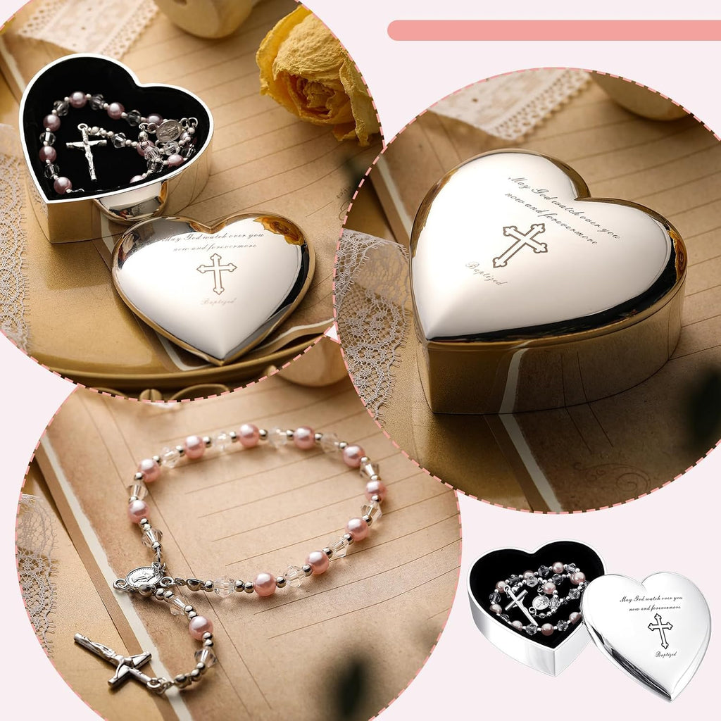 2 Pcs Heart Jewelry Keepsake Box and Pink Baby Rosary Baptism Gift, Silver Toned Jewelry Box with Engraved Cross Baby