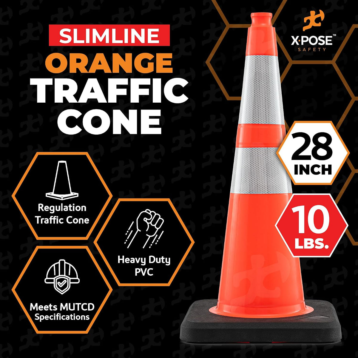28 Inch Orange Slim Line Traffic Cones | Heavy Duty 10lb with 6" & 4" Collars, 4 Pack Multipurpose PVC Plastic Safety