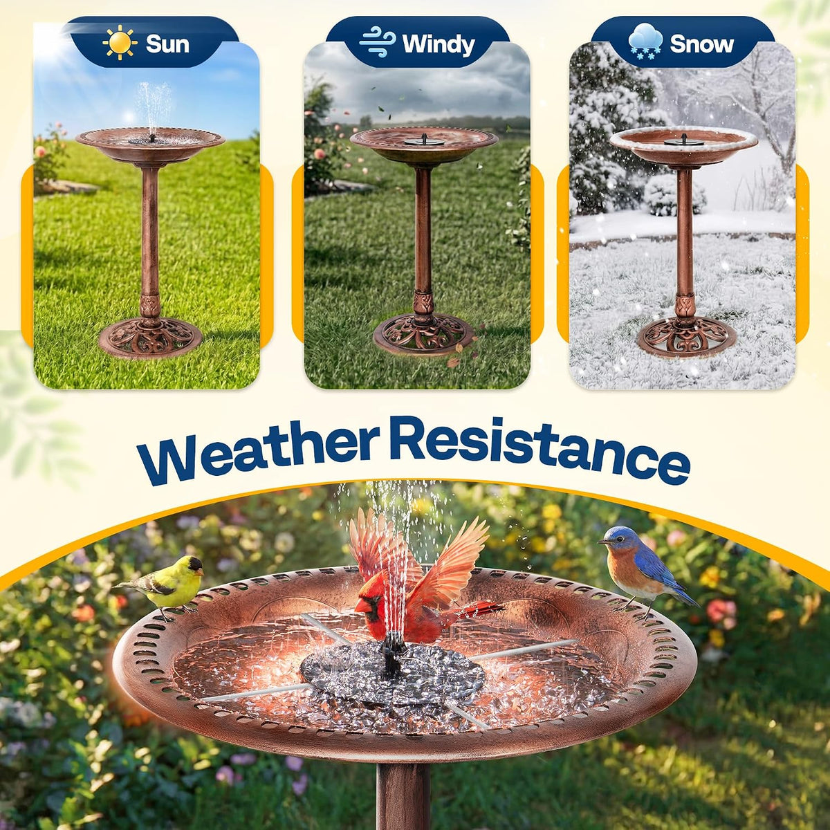 Bird Bath with Solar Fountain for Outside, Pedestal, Bronze