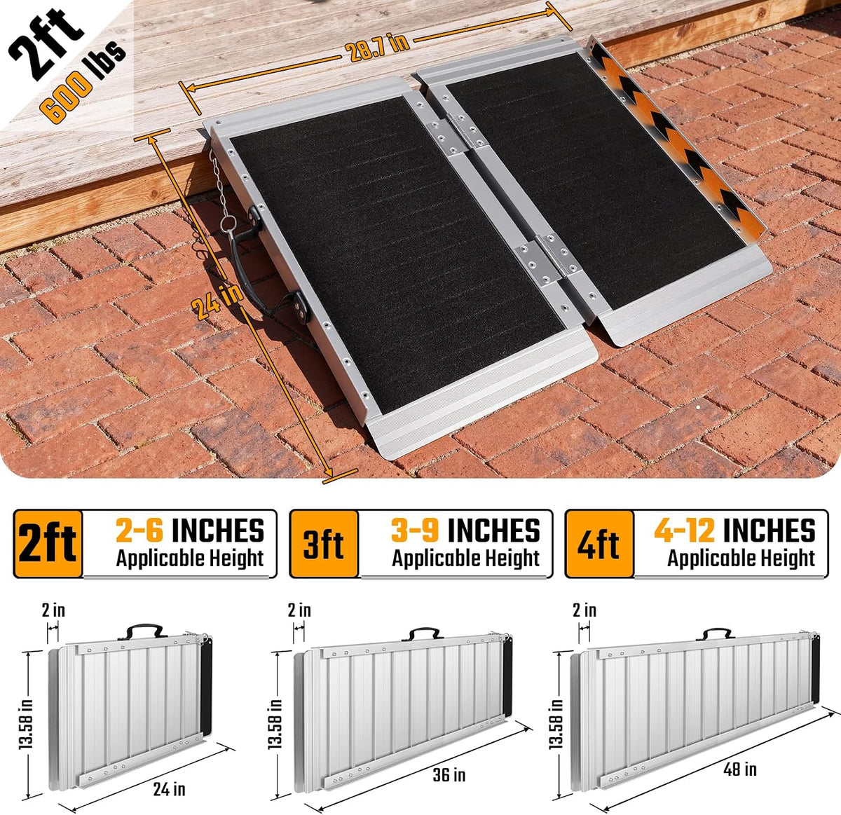 2FT Portable Wheelchair Ramp, 600 LBS Capacity Folding Handicap Ramp, Non-Slip Aluminum Portable Ramps, Threshold
