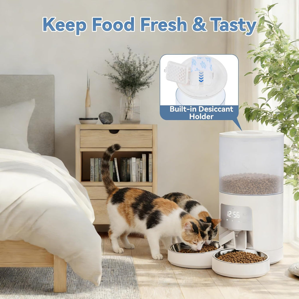 6L Automatic Cat Feeder for 2 Cats, Timed Cat Food Dispenser with 2 Stainless Bowls, 10s Voice Recorder, Dual Power