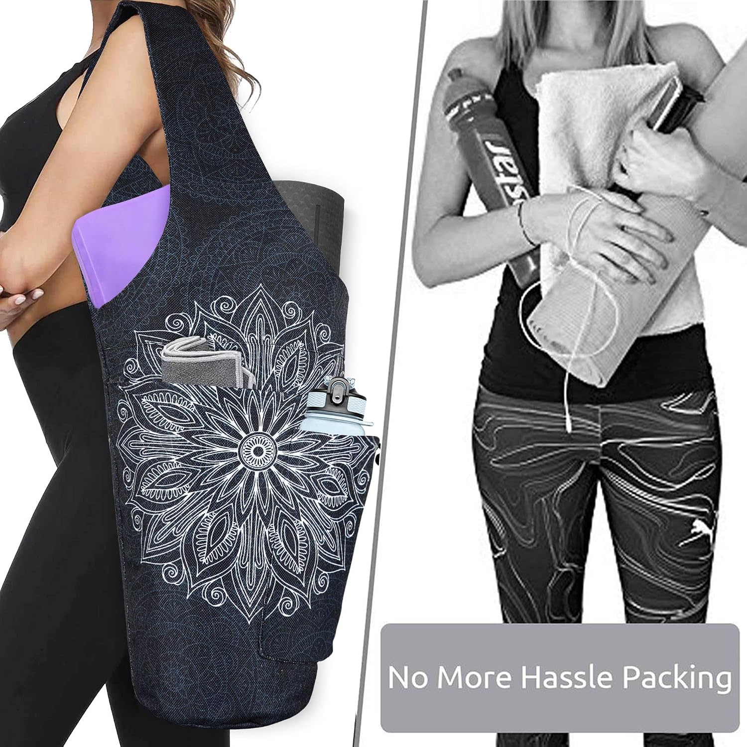 Yoga Mat Bag - Large Opening Long Tote Yoga Mat Carrier Holder Bag with Waterproof Wet Zipper Pocket and Drawstring