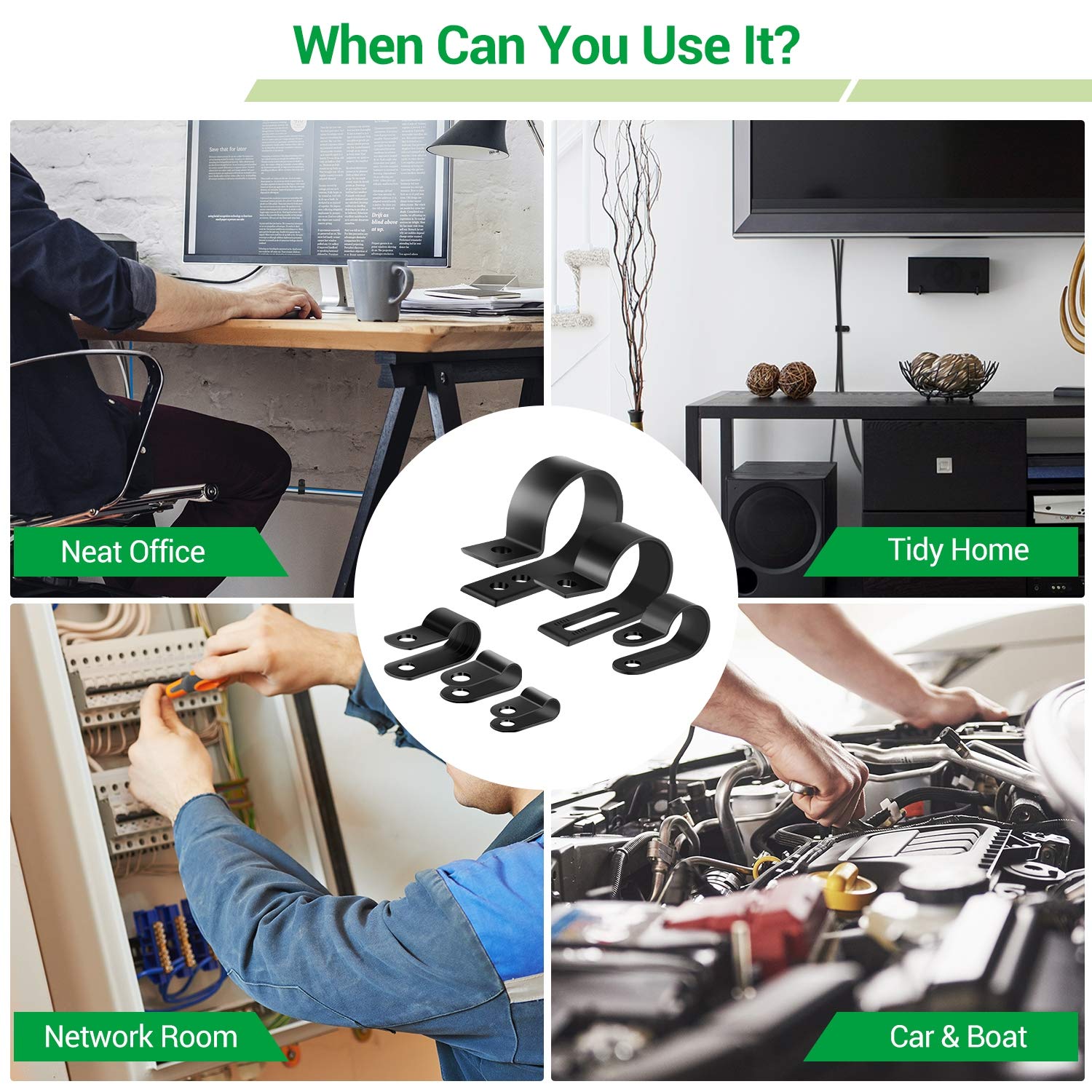 Cable Clips for Cable Management Cord Organizer, 6 Sizes 300 PCS Nylon R-Type, 3/16'' 1/4'' 3/8'' 1/2'' 3/4'' 1''