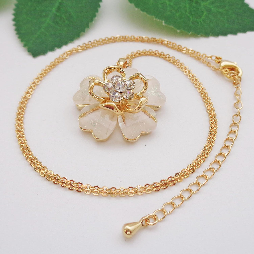 18k Gold Plated White Crystal Multicolor Acetate Blooming Flowers Pendant Necklace 16"+2"