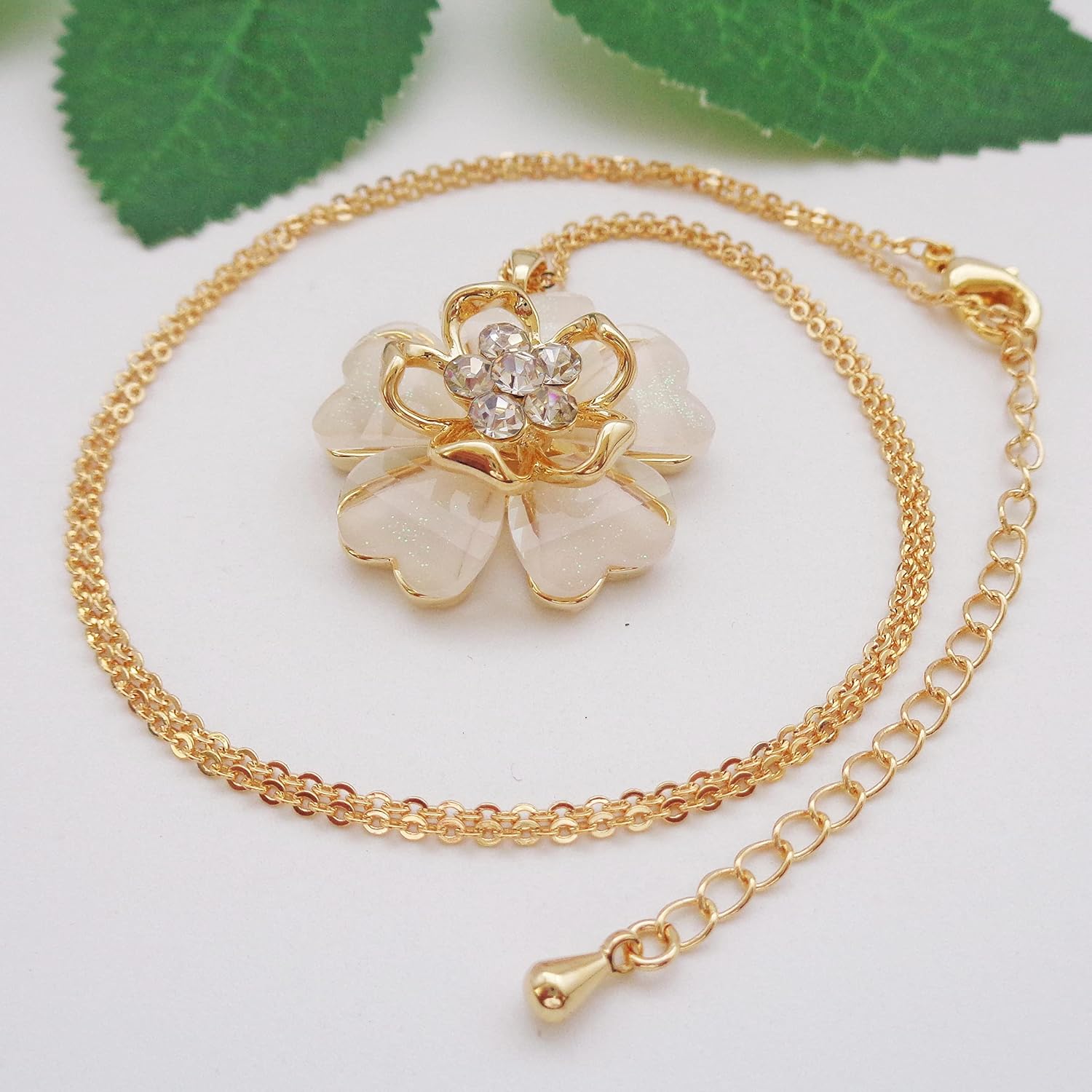 18k Gold Plated White Crystal Multicolor Acetate Blooming Flowers Pendant Necklace 16"+2"