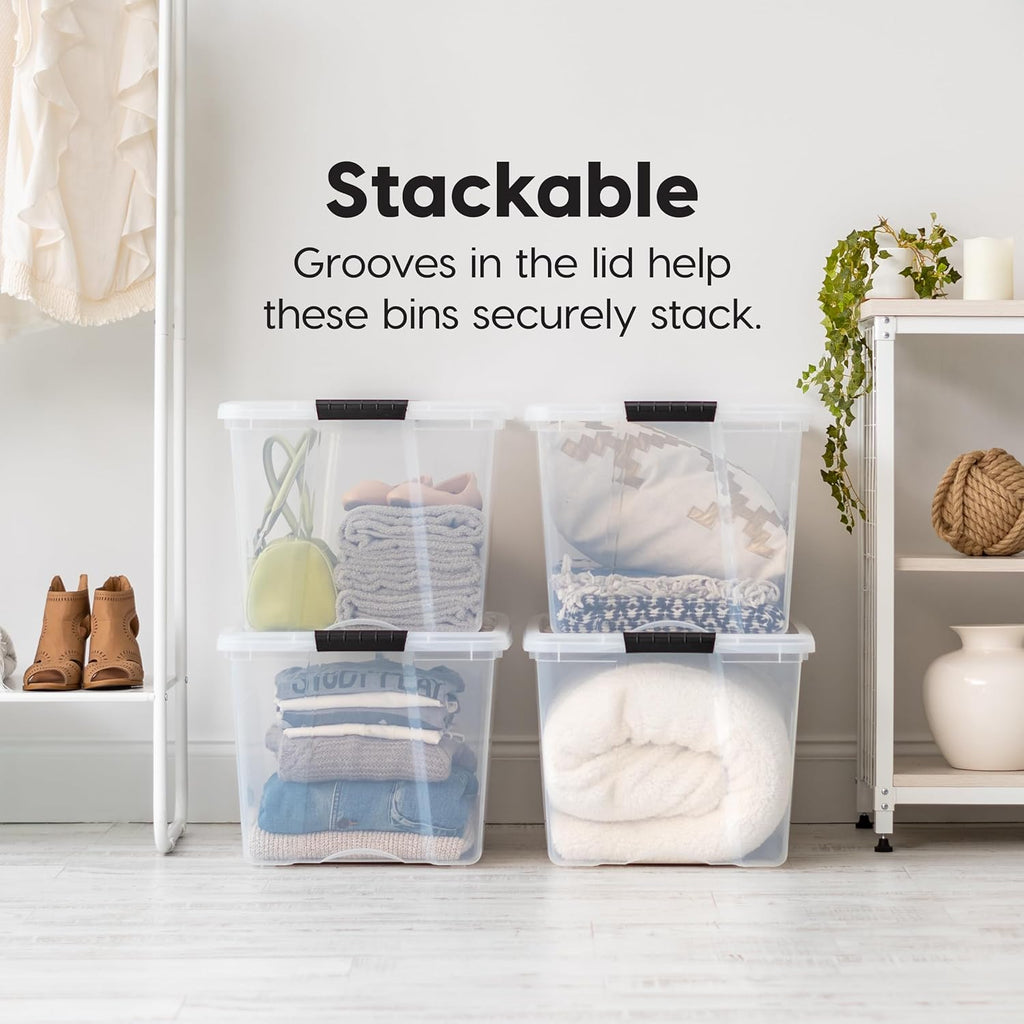 72 QT Plastic Storage Box with Lid and Latches - 4 Pack - BPA-Free, See-Through Organizing Solution, Durable Nestable