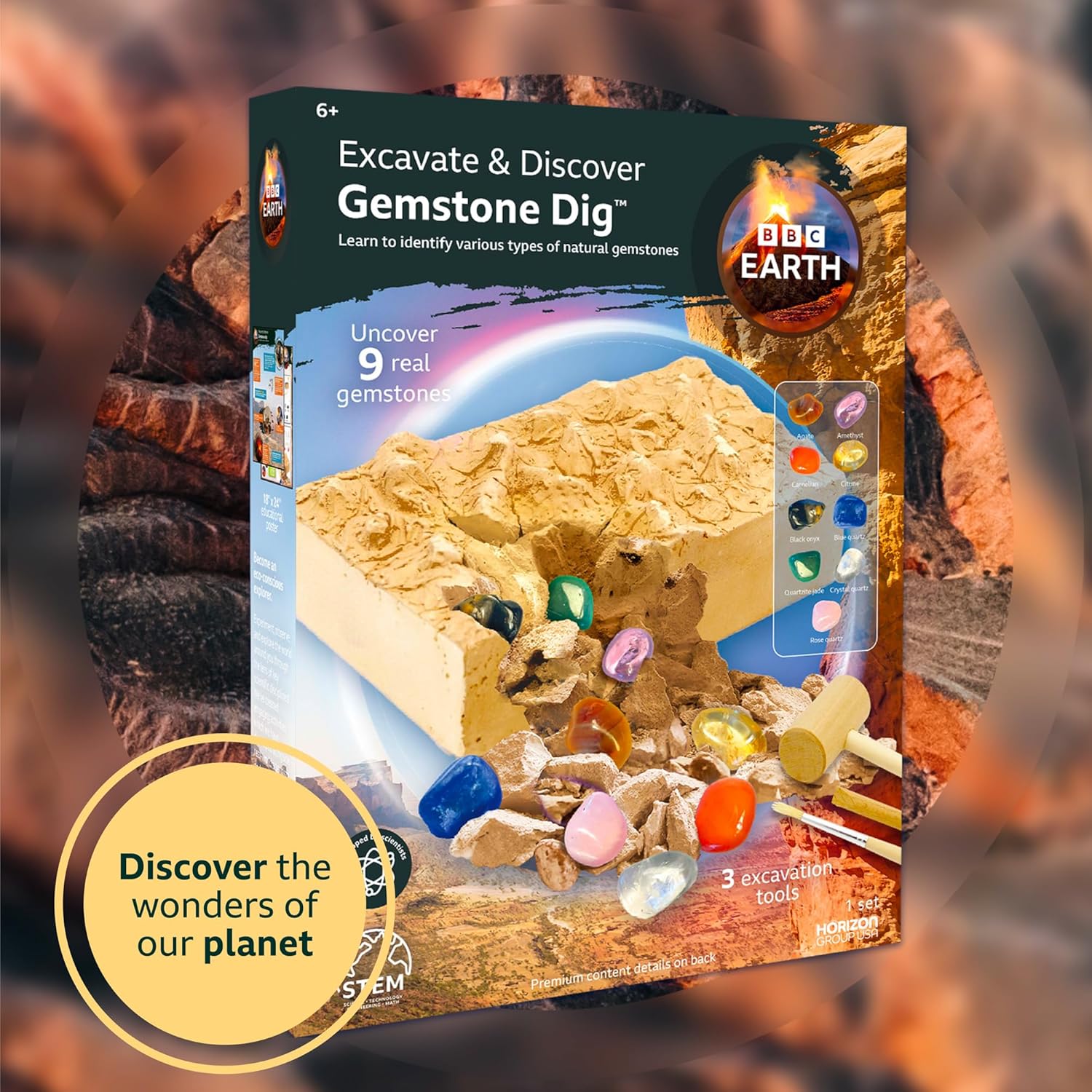 BBC Earth Excavate & Discover Gemstone Dig, Dig Up 9 Real Gemstones & Make Keychains, Rock Digging Excavation Kit