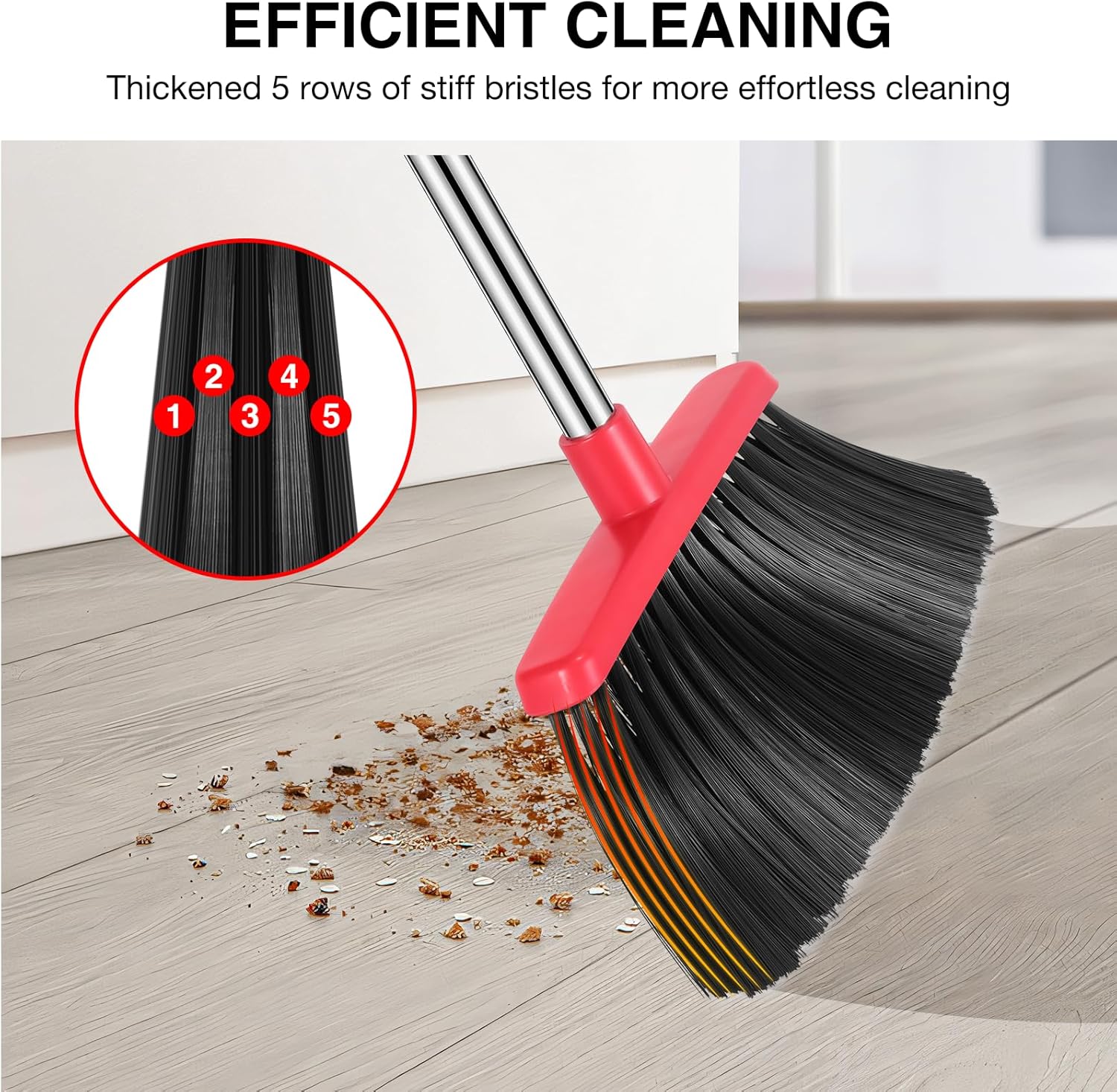 Broom and Dustpan Set, 52-in Long Adjustable Handle Broom Dustpan Combo with Dustpan Teeth to Automatically Clean