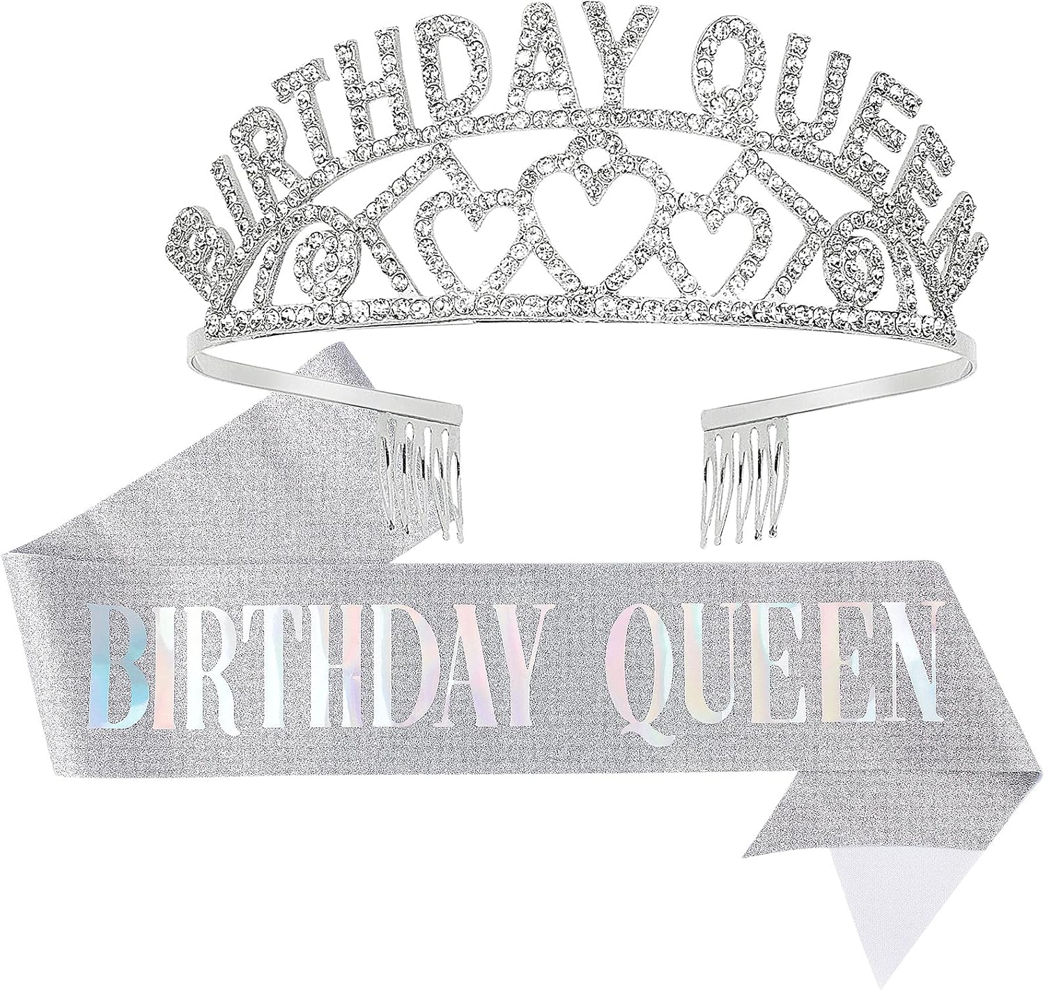 Crowns for Women,CIEHER Birthday Queen Sash & Rhinestone Tiara Kit,Tiaras and Crowns for Women,Silver Queen