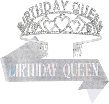 Crowns for Women,CIEHER Birthday Queen Sash & Rhinestone Tiara Kit,Tiaras and Crowns for Women,Silver Queen