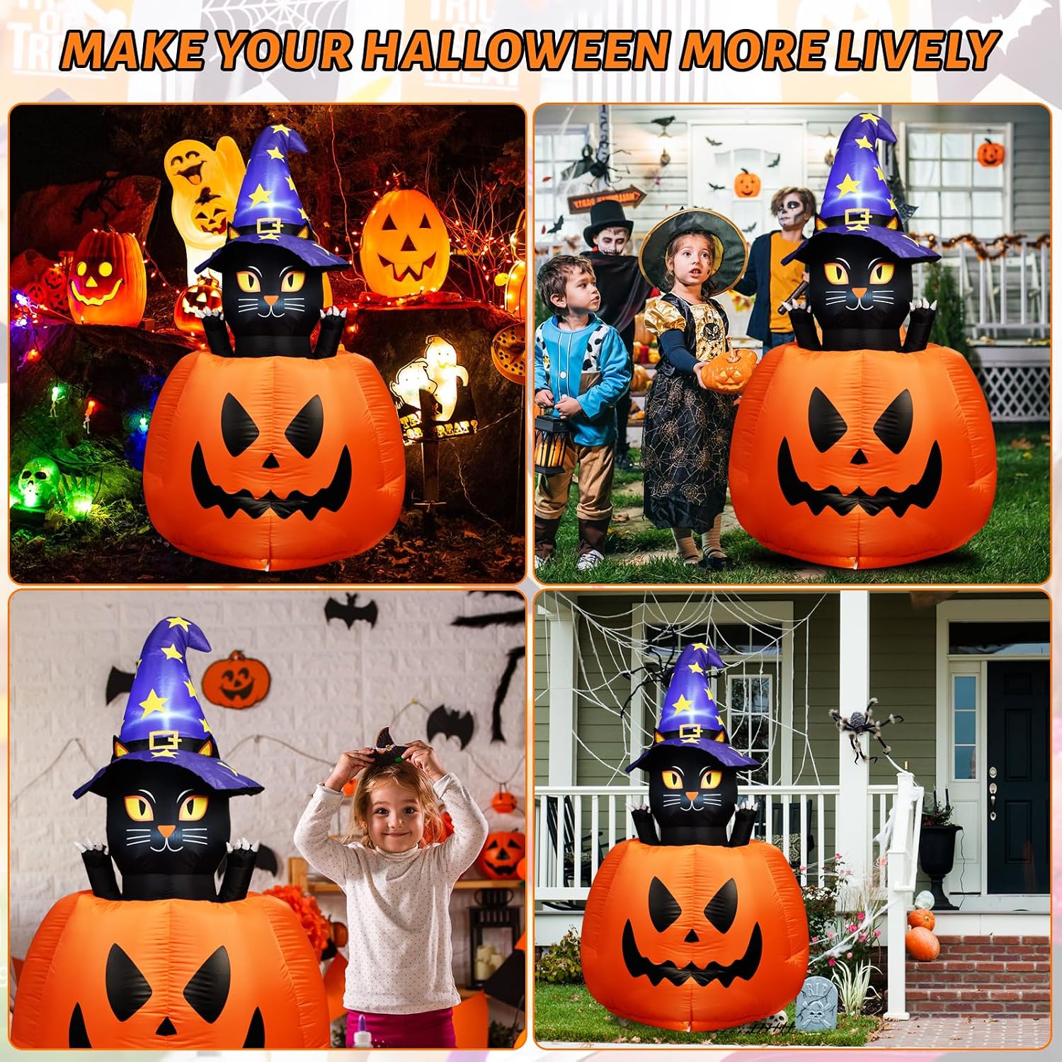 5.3 FT Halloween Inflatable Animated Witch Cat in Pumpkin, Blow Up Yard Decorations with Build-in LEDs Lighted Decor