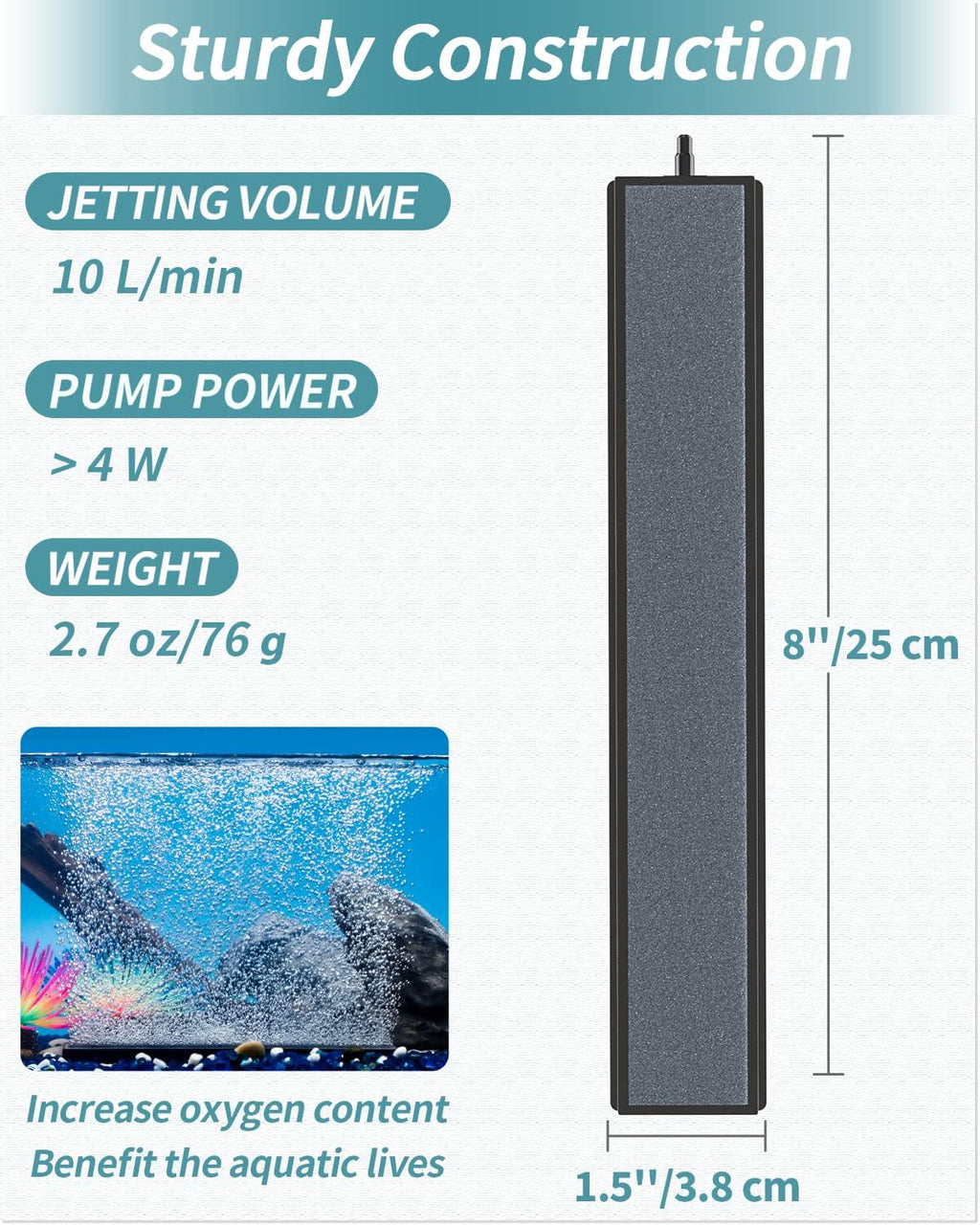 8 Inch Air Stone Grey Mineral Bubble Stone Bar Diffuser Bubbler Airstones for Air Pump, Aquarium, and Fish Tank