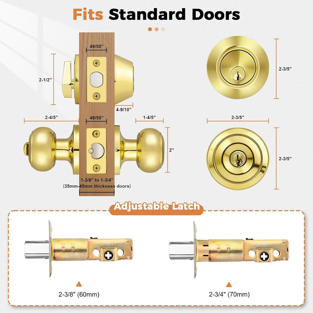 Keyed Entry Door Knobs Exterior Lockset and Single Cylinder Deadbolt Combination Set for Front Door, Polished Brass