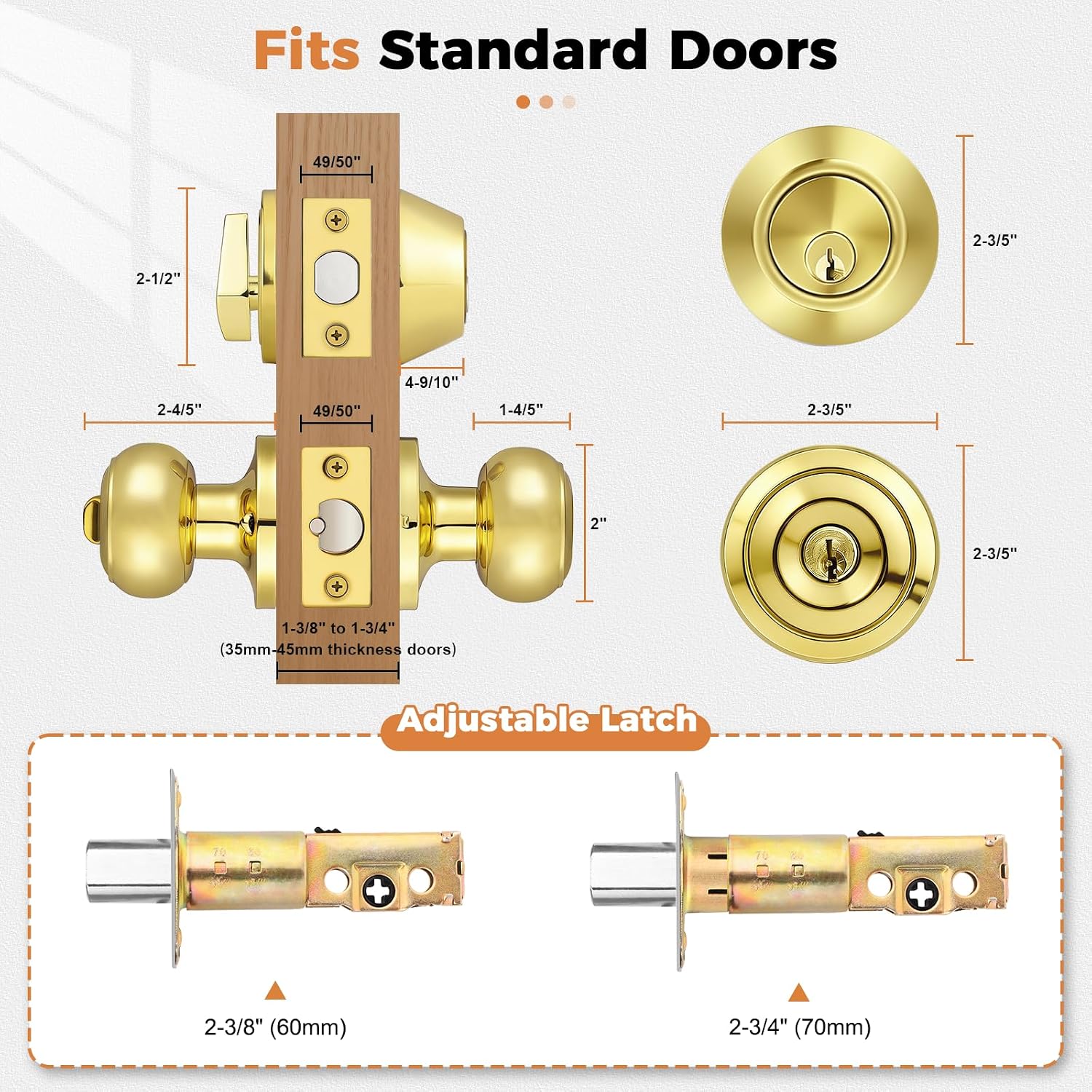 Keyed Entry Door Knobs Exterior Lockset and Single Cylinder Deadbolt Combination Set for Front Door, Polished Brass