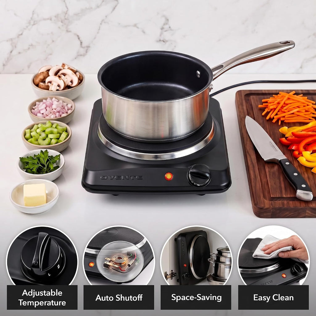 Electric Cast Iron Single Burner, 1000W Hot Plate, Black BGS101B
